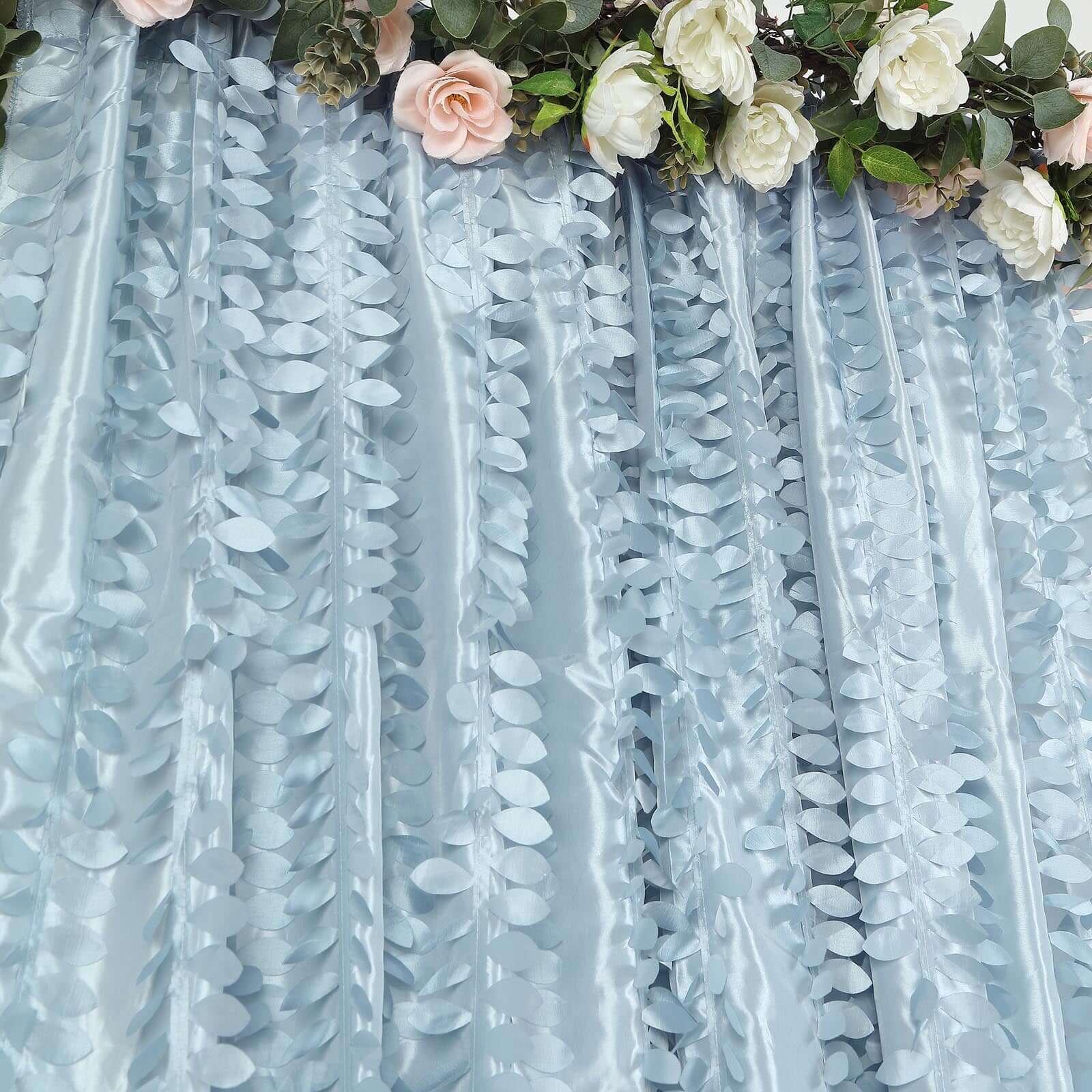 8ftx8ft Dusty Blue 3D Leaf Petal Taffeta Event Curtain Drapes, Backdrop Event Panel With Rod Pocket