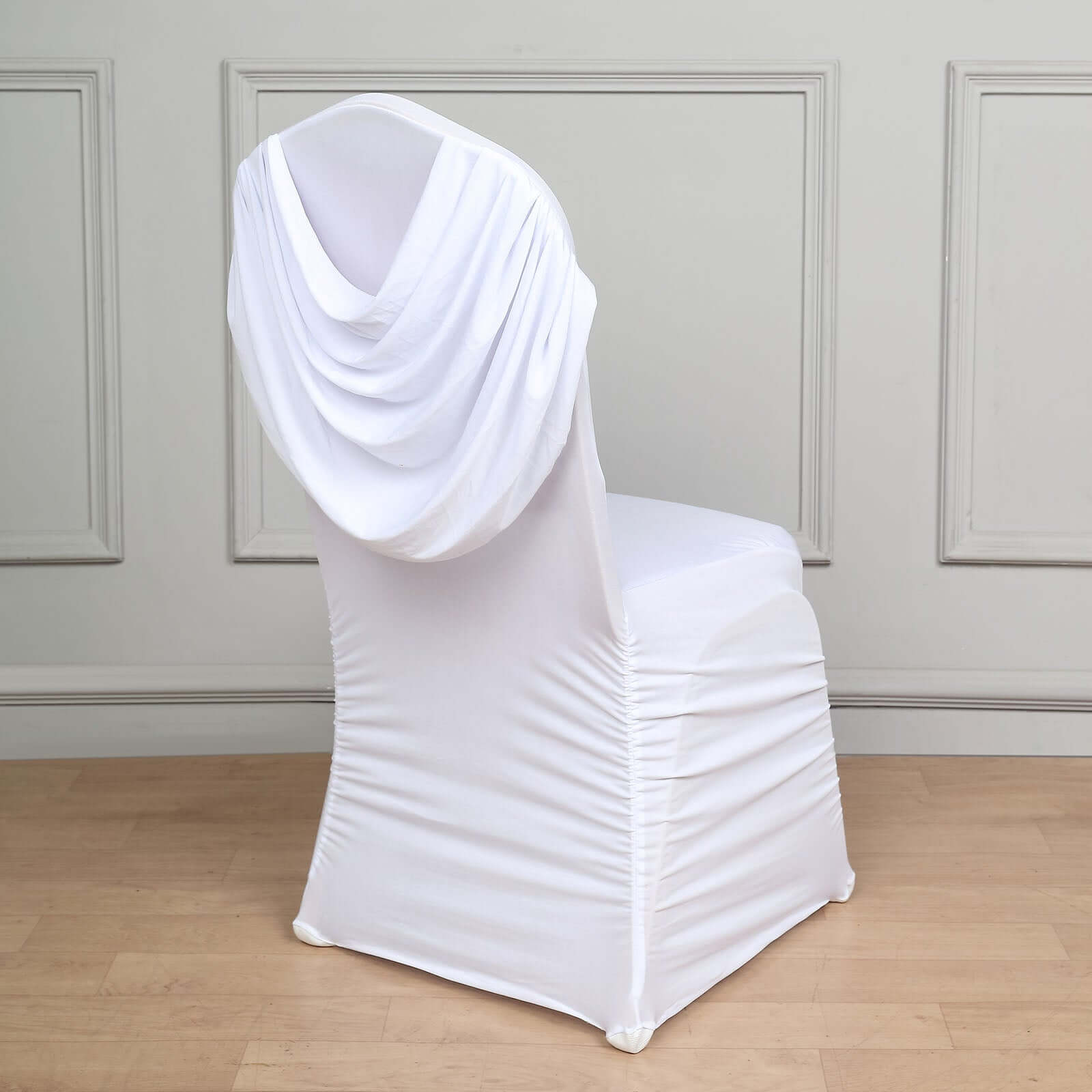 Spandex Chair Cover with Ruched Swag Back and Foot Pockets for Banquet Chairs White - Stylish Fitted Slipcover for Weddings & Gatherings