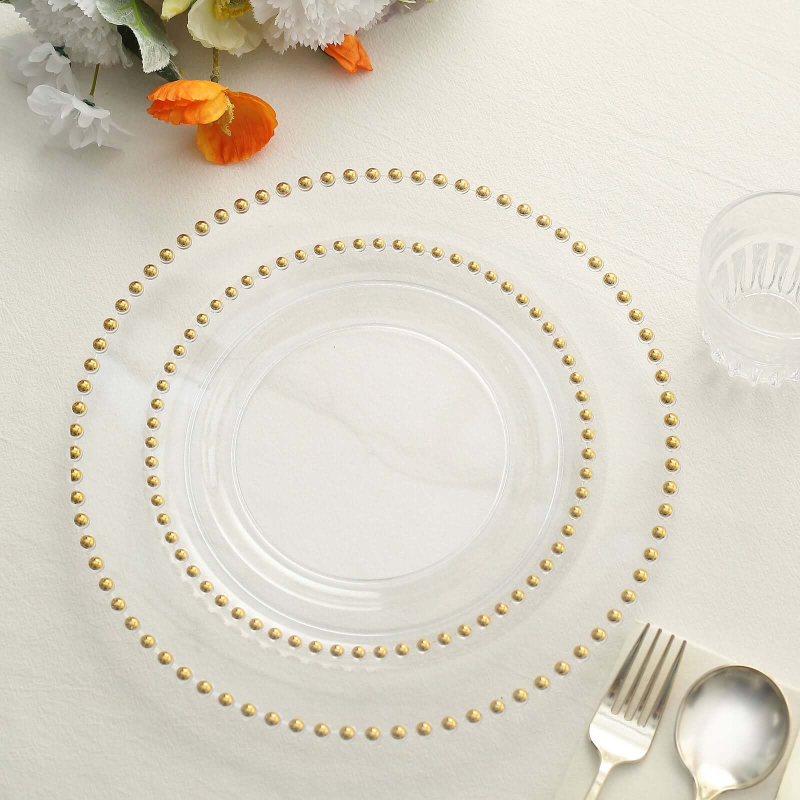 10-Pack Plastic 10 Round Dinner Plates in Clear with Gold Beaded Rim - Disposable Party Plates