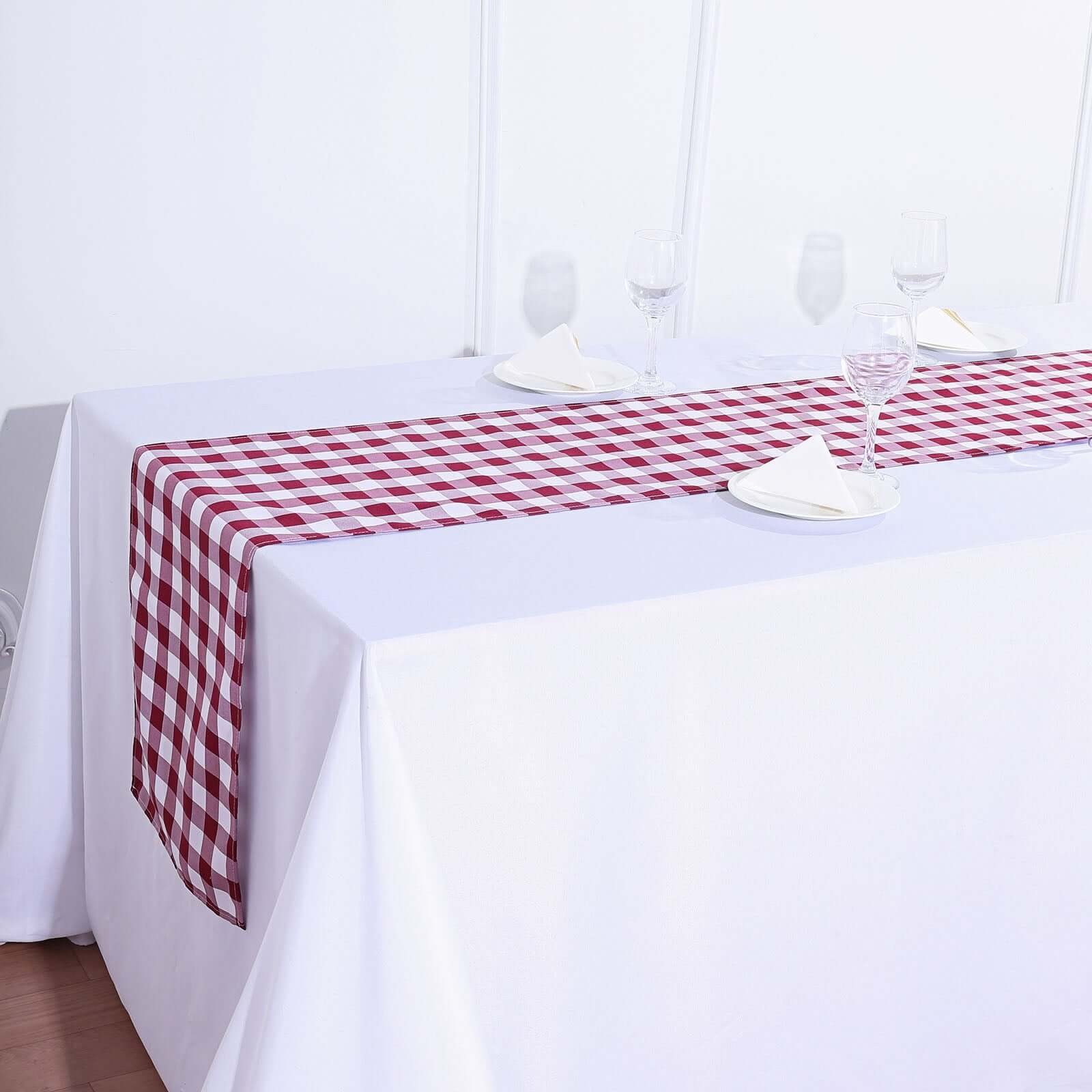 Polyester 14x108 Table Runner Burgundy/White - Gingham Plaid Design