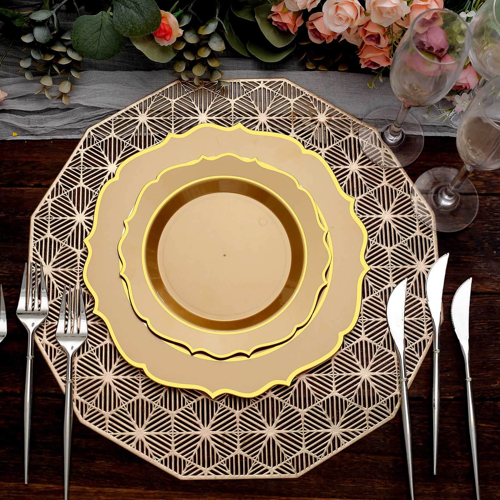 10-Pack Plastic 8 Round Desert Plates in Gold with Gold Scalloped Rim - Disposable Appetizer/Salad Plates