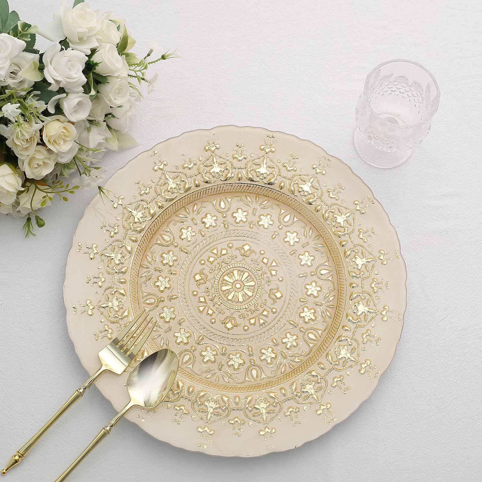 8-Pack Glass Round Charger Plates 13 in Gold with Monaco Style Ornate Design, Classy Decorative Dinner Chargers