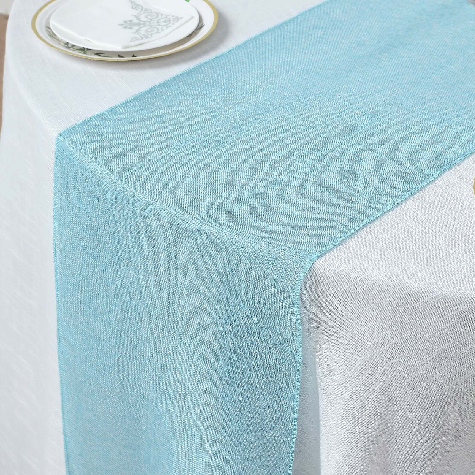 14x108 Turquoise Boho Chic Rustic Faux Burlap Cloth Table Runner