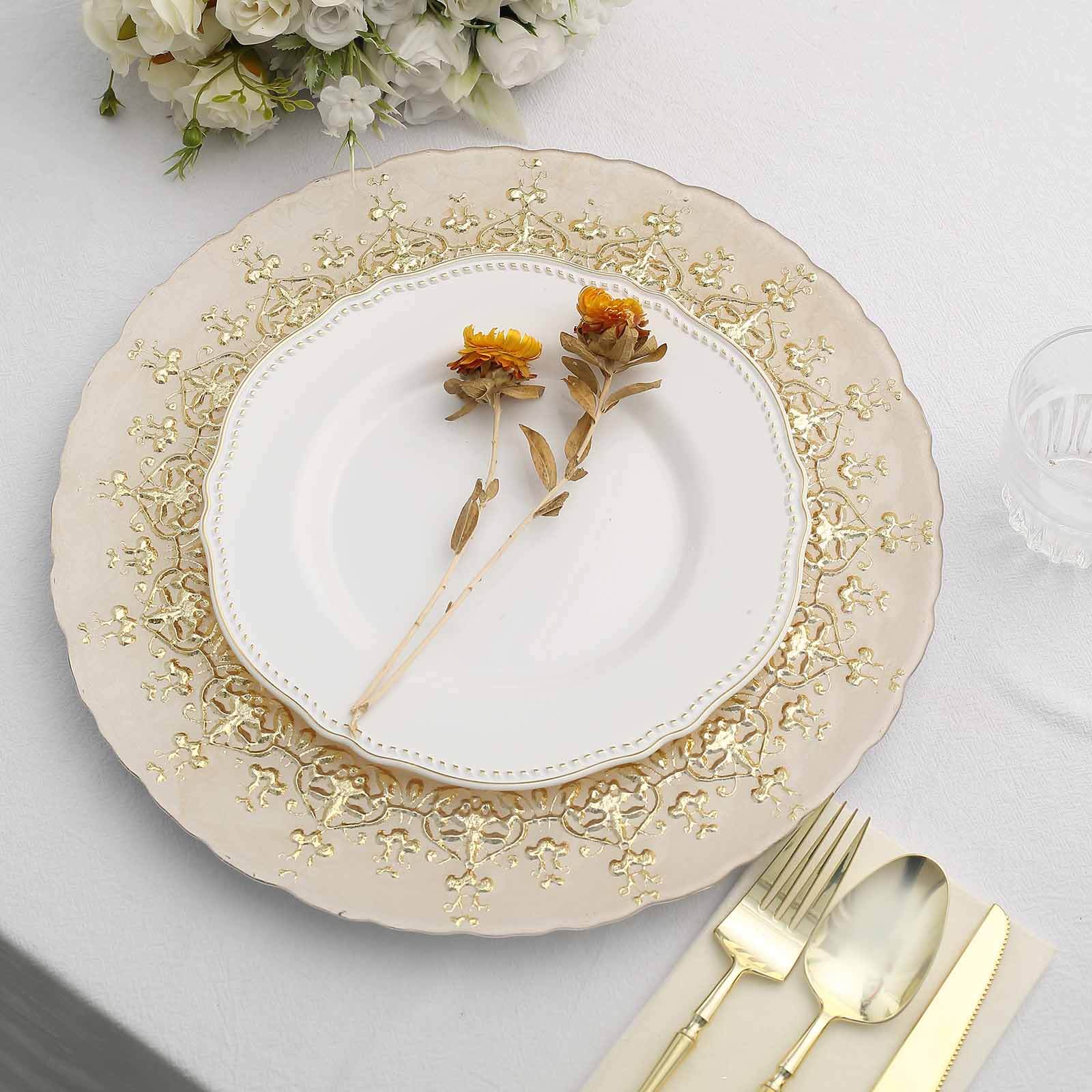 8-Pack Glass Round Charger Plates 13 in Gold with Monaco Style Ornate Design, Classy Decorative Dinner Chargers