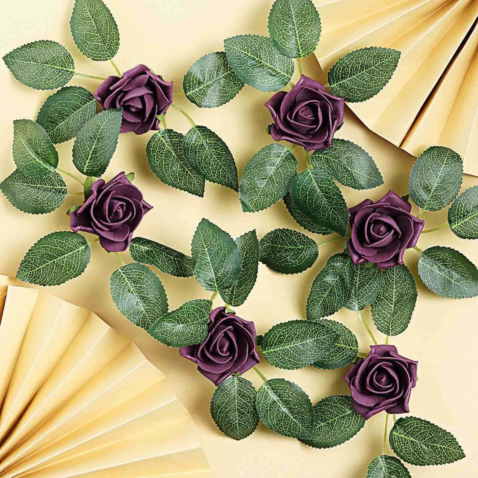 24 Roses 2 Eggplant Artificial Foam Flowers With Stem Wire and Leaves