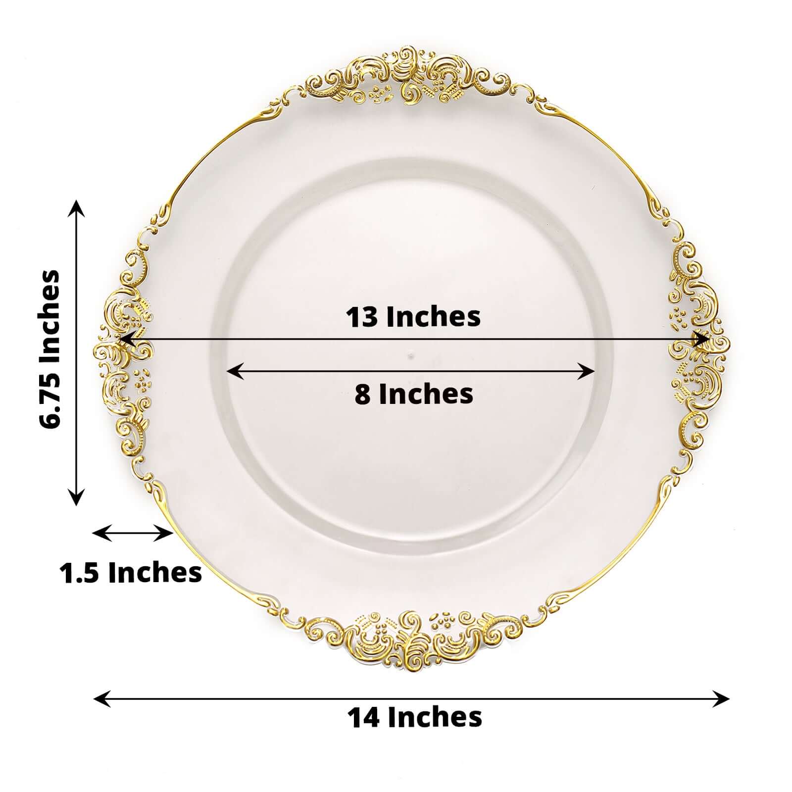 6-Pack Acrylic Round Charger Plates 13 in Clear with Gold Embossed Baroque Rim, Antique Decorative Dinner Party Charger Tableware