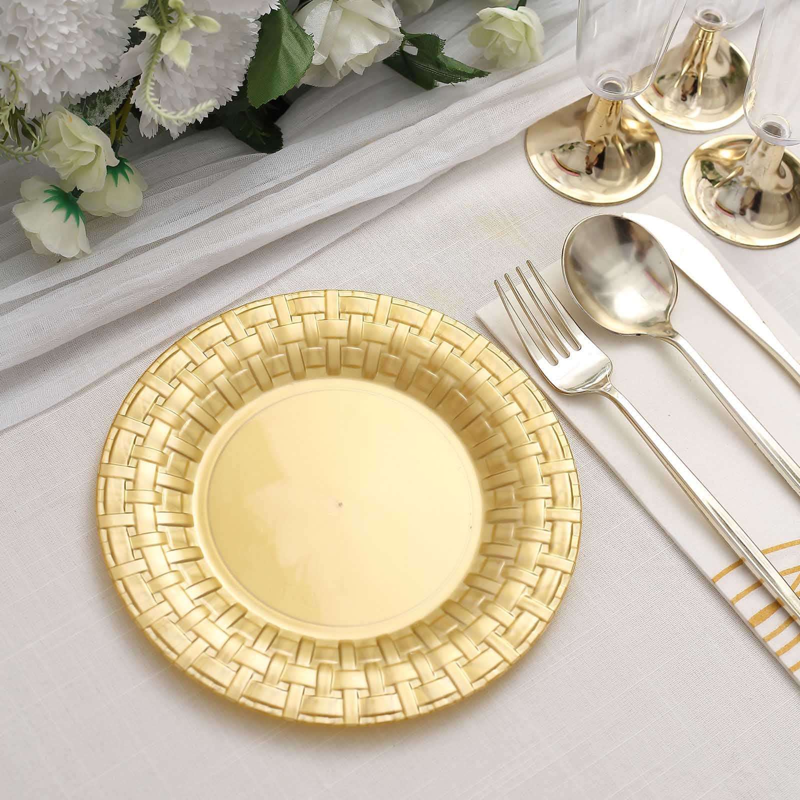 10 Pack 7 Gold Basketweave Rim Plastic Salad Dessert Plates, Round Disposable Appetizer Plates