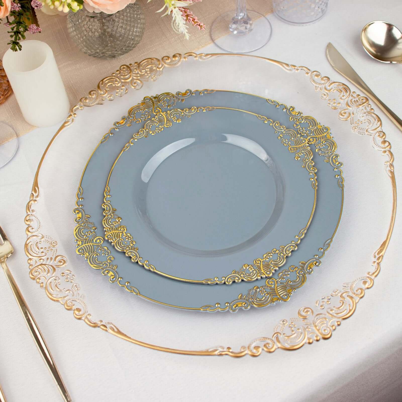 10-Pack Plastic 10 Round Dinner Plates in Dusty Blue with Gold Leaf Embossed Rim - Disposable Vintage Baroque Style Plates