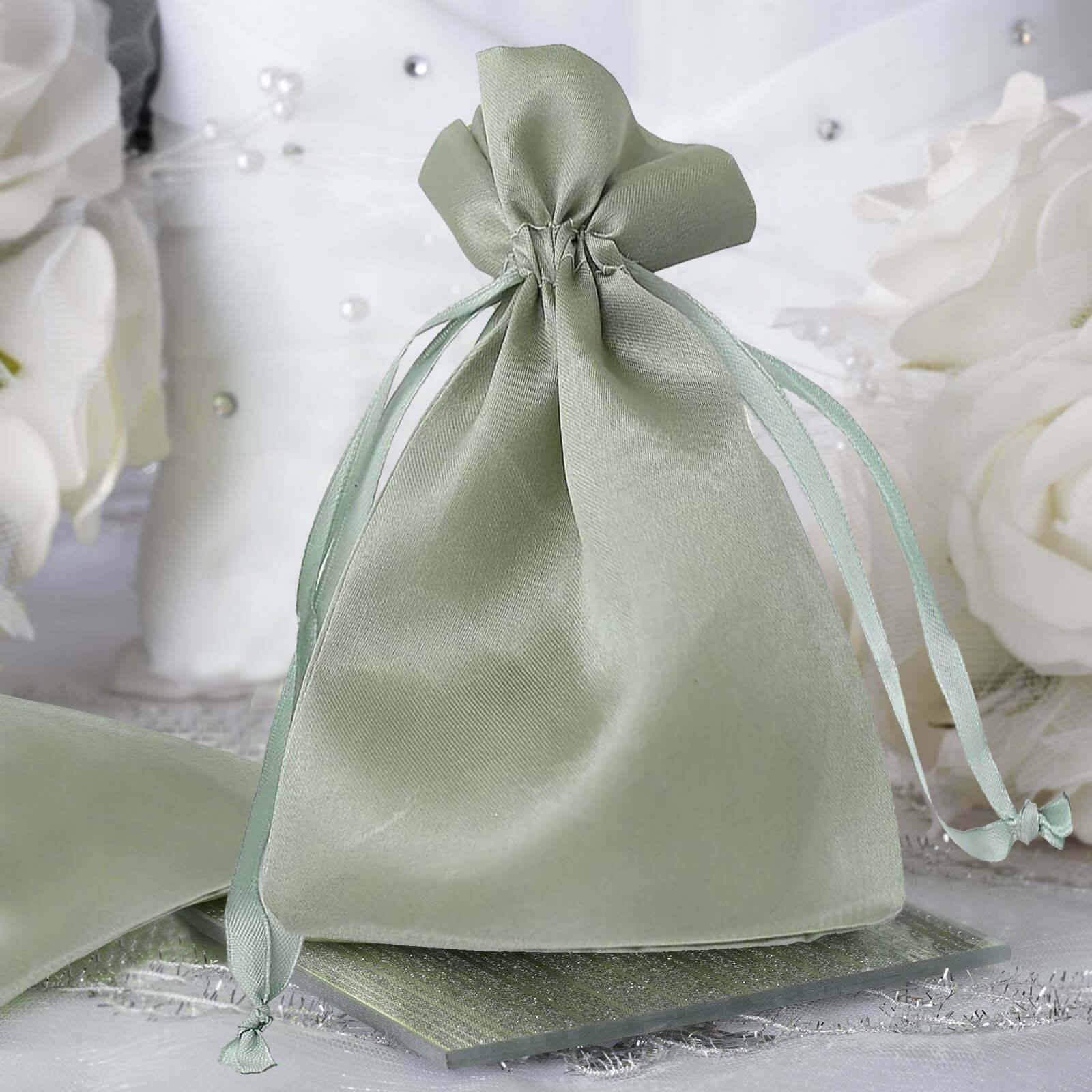 12 Pack 5x7 Sage Green Satin Drawstring Wedding Party Favor Gift Bags, Drawstring Pouch Gift Bags