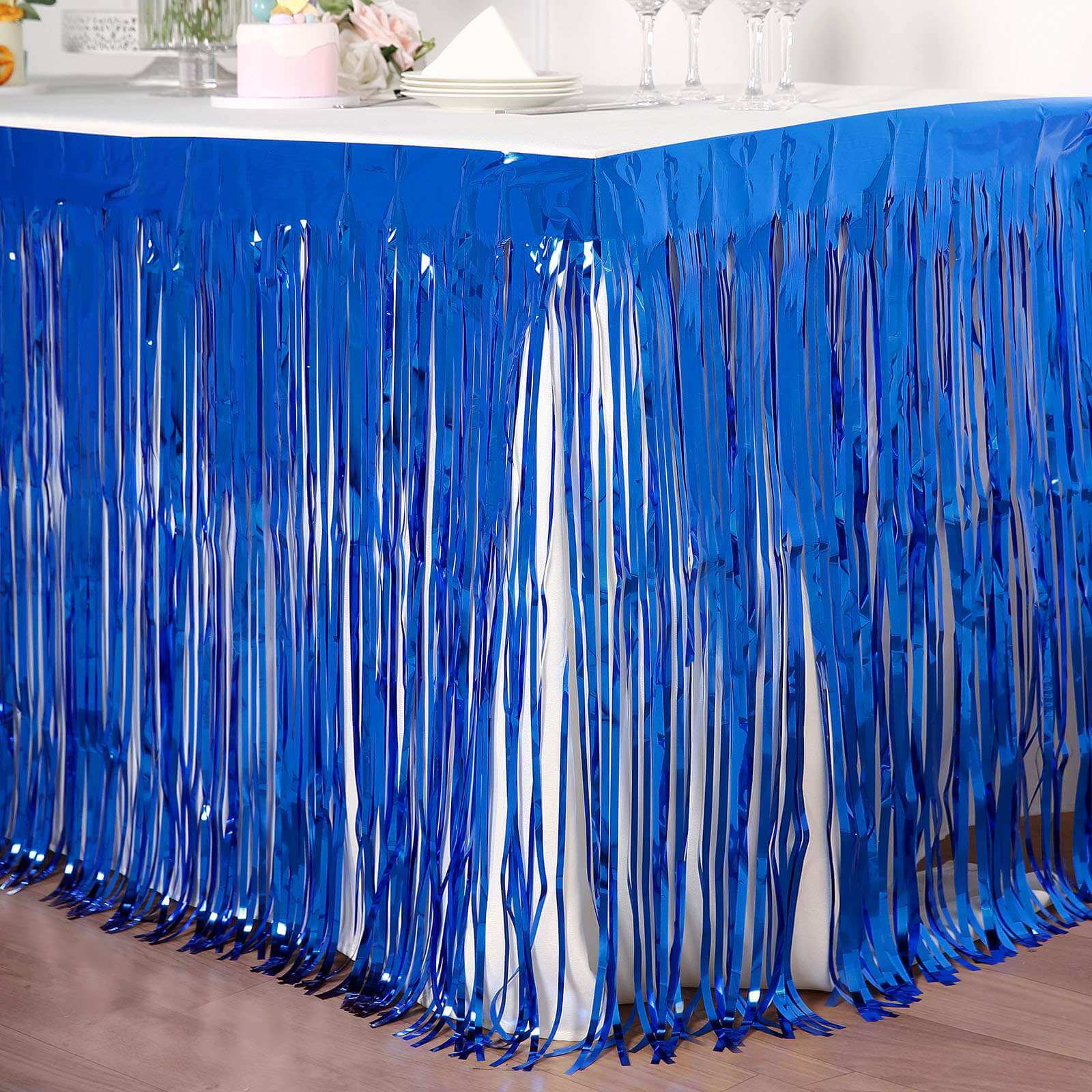 Metallic Foil Fringe Table Skirt Royal Blue with Self Adhesive Backing - Durable Tinsel Skirt for Parties 30x9ft