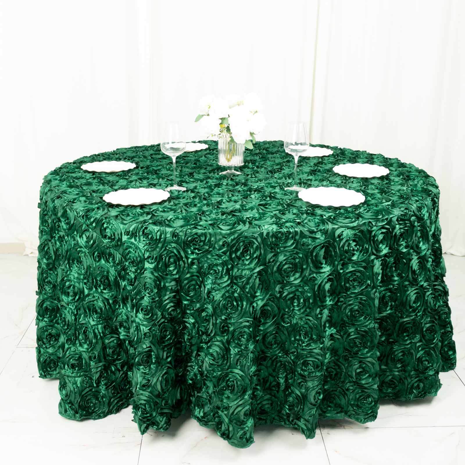 Satin 120 Round Tablecloth Hunter Emerald Green - Grandiose 3D Rosette with Seamless Finish Table Cover