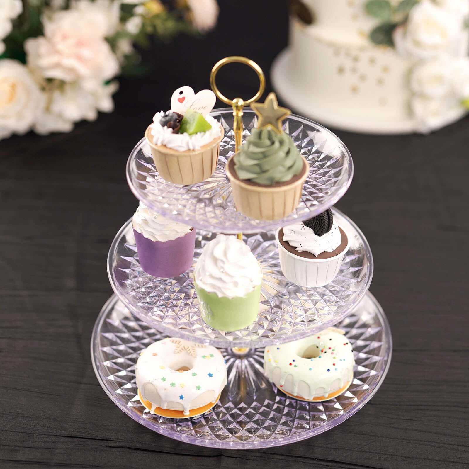 3-Tier Acrylic Cupcake Stand Clear - Sturdy Dessert Serving Tray Platter with Gold Top Handles for Classy Special Occasions & Dessert Buffets 12