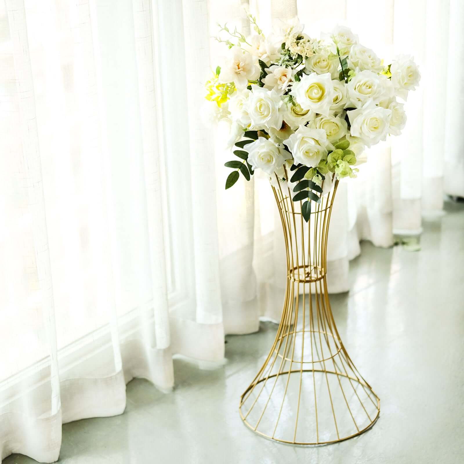 Metal Centerpiece Stand Gold Hourglass Trumpet Shape Design - Flower Open Frame Reversible Pedestal 24