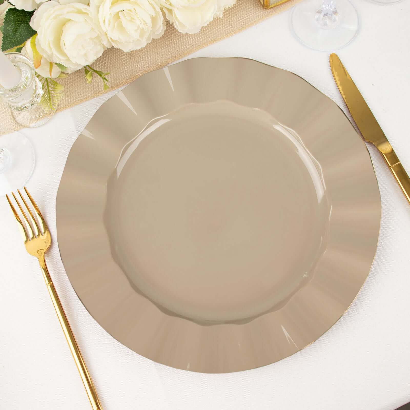 10-Pack Plastic 11 Round Dinner Plates in Taupe Ruffled Rim with Gold Edging - Sturdy Disposable Dinnerware