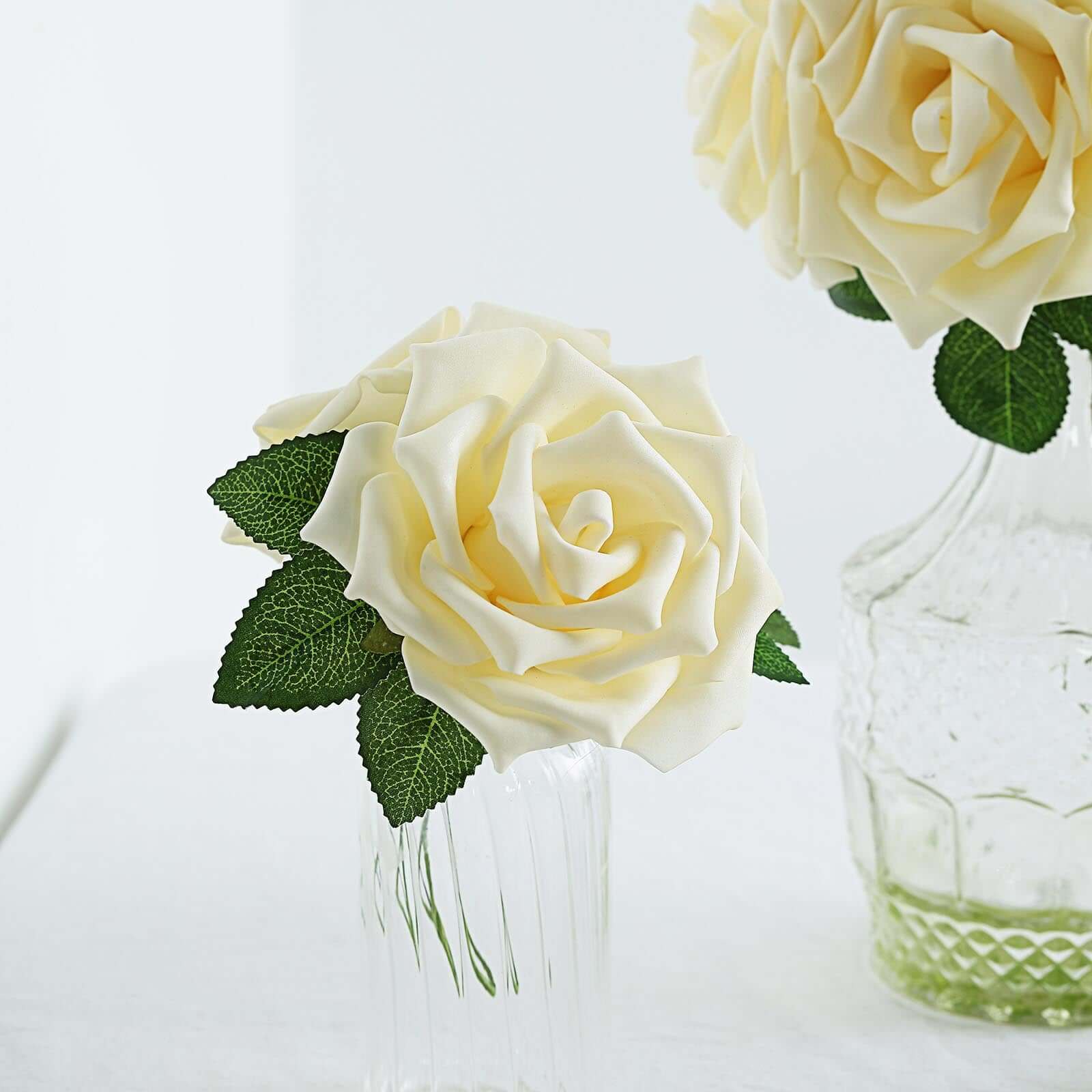 24 Roses 5 Cream Artificial Foam Flowers With Stem Wire and Leaves