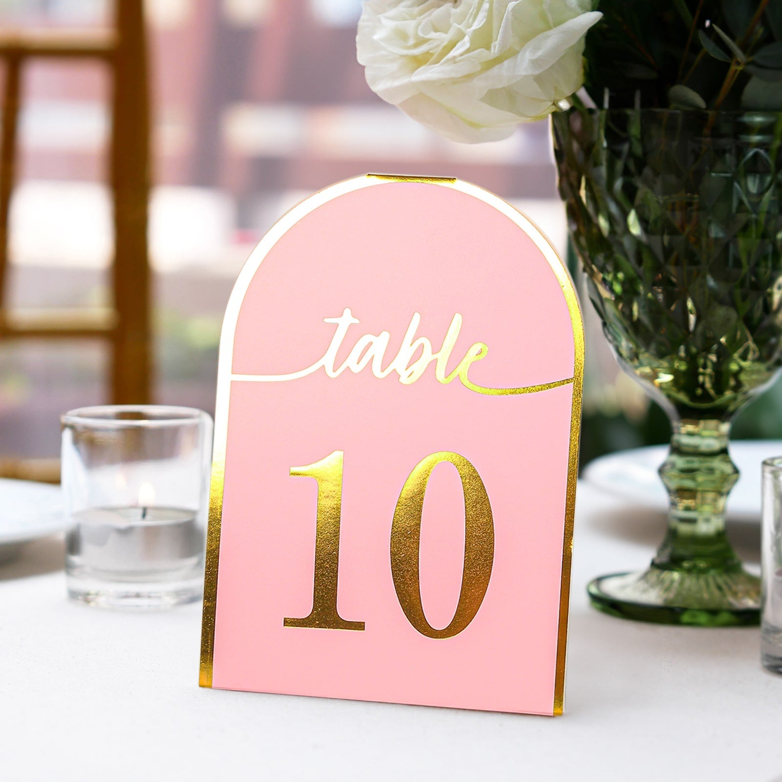 25-Pack Paper Wedding Table Numbers 1-25 Blush Arch Cutout Design - Sleek & Modern Free Standing Double Sided Table Tent Cards with Metallic Gold Foil Numbers 7