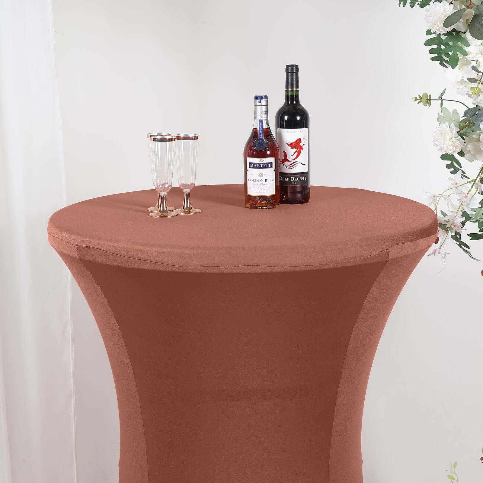 Spandex 24-32 Round Cocktail Table Cover Terracotta (Rust) - Easy to Maintain Stretch Fitted Highboy Tablecloth