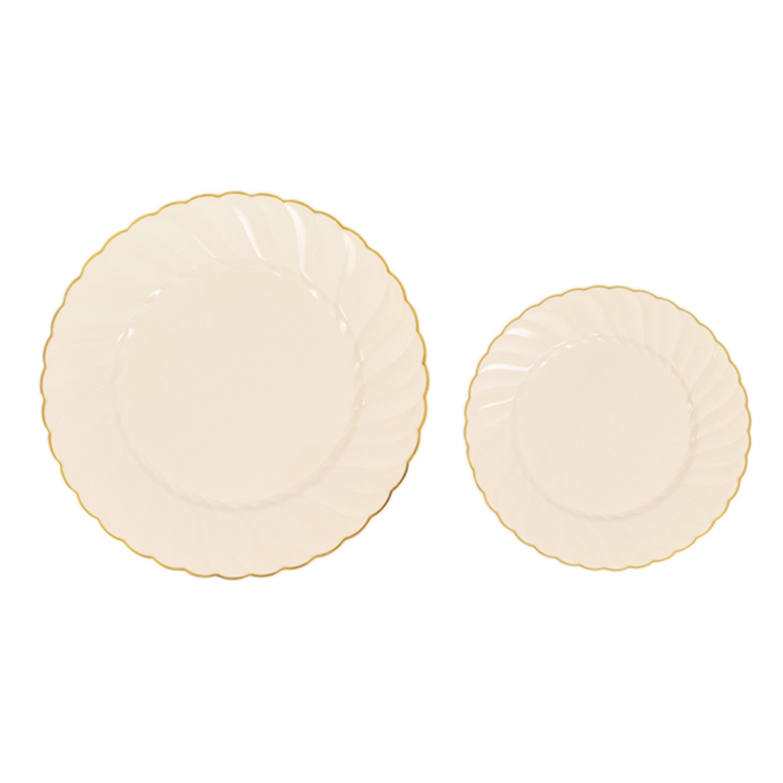 10-Pack Plastic 10 Round Dinner Plates in Ivory with Gold Flair Rim - Disposable Party Plates