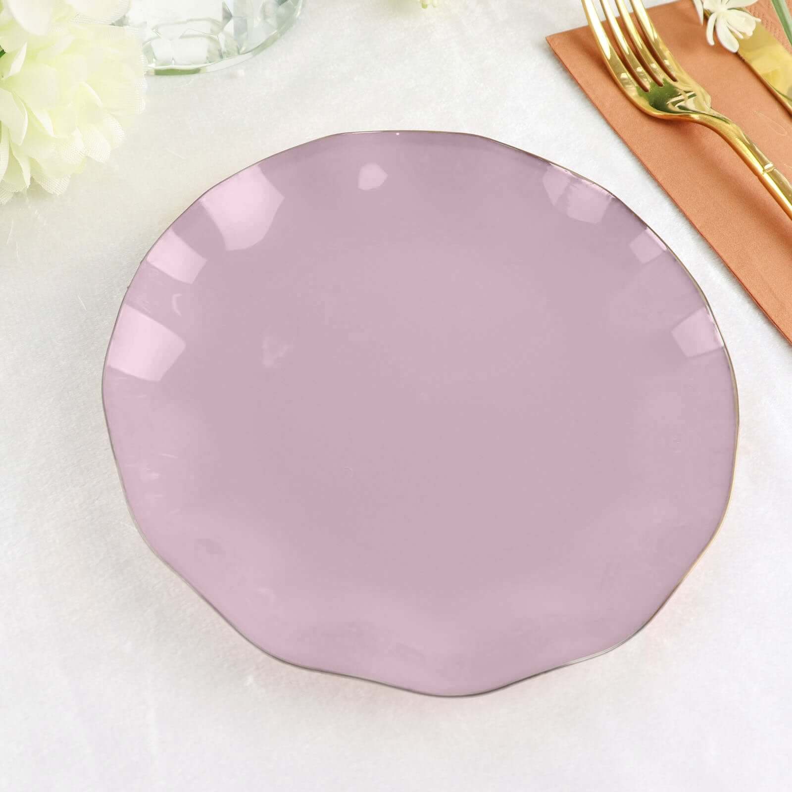 10-Pack Plastic Round 6 Dessert Plates in Lavender Lilac Ruffled Rim with Gold Edging - Sturdy Disposable Salad Appetizer Dinnerware