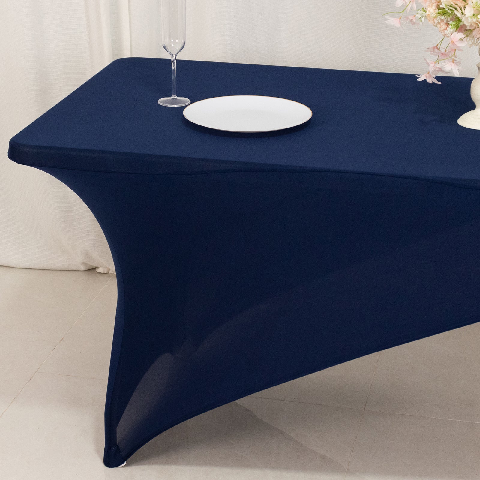 Stretch Spandex 72x30 Rectangle Table Cover Navy Blue/Gold Cross Over Design - Two-Piece Fitted Tablecloth with Elastic Foot Pockets