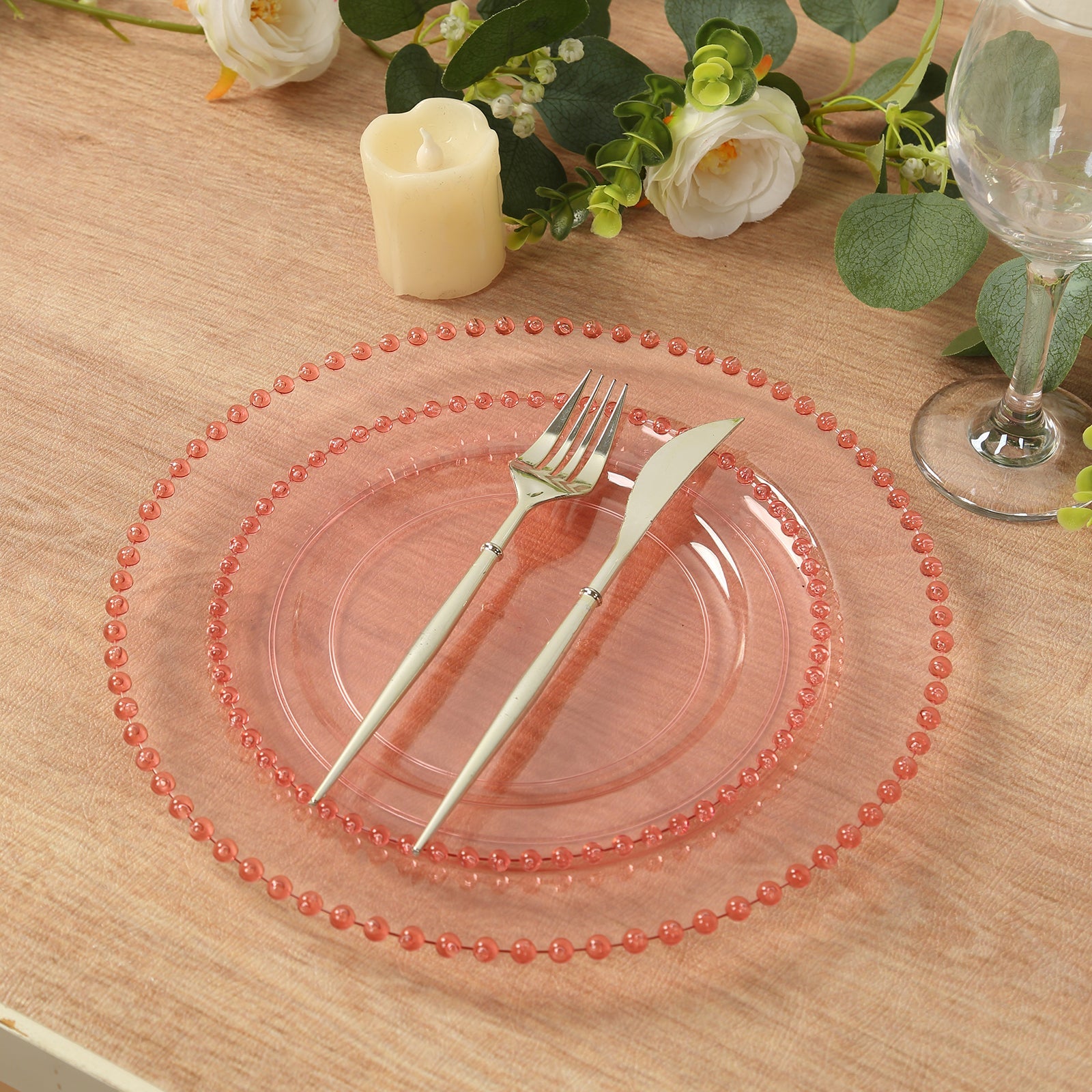 10-Pack Plastic 8 Round Appetizer Dessert Plates in Transparent Blush with Beaded Rim - Disposable Salad Plates