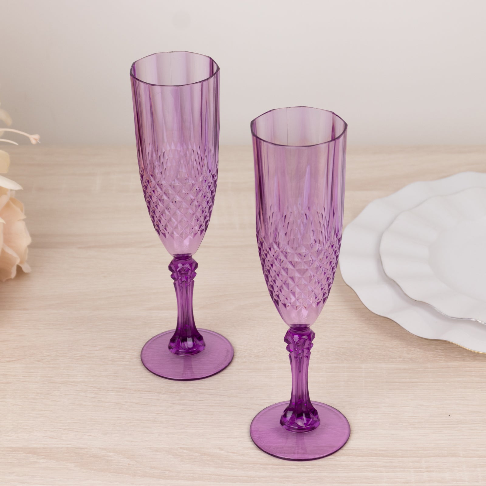 6-Pack Plastic Wedding Toast Flutes Purple Transparent Crystal Cut Style - Reusable Champagne Glasses 8oz