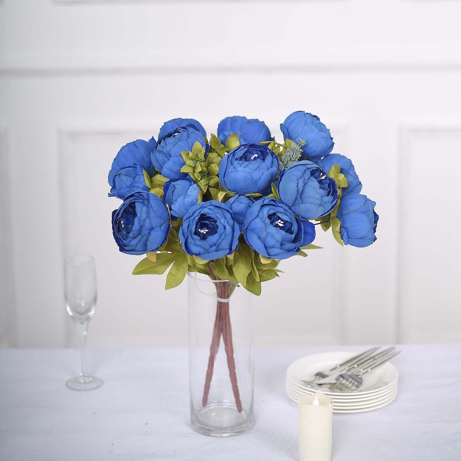 2 Pack 19 Royal Blue Artificial Peony Flower Wedding Bouquets, Faux Silk Flower Arrangements