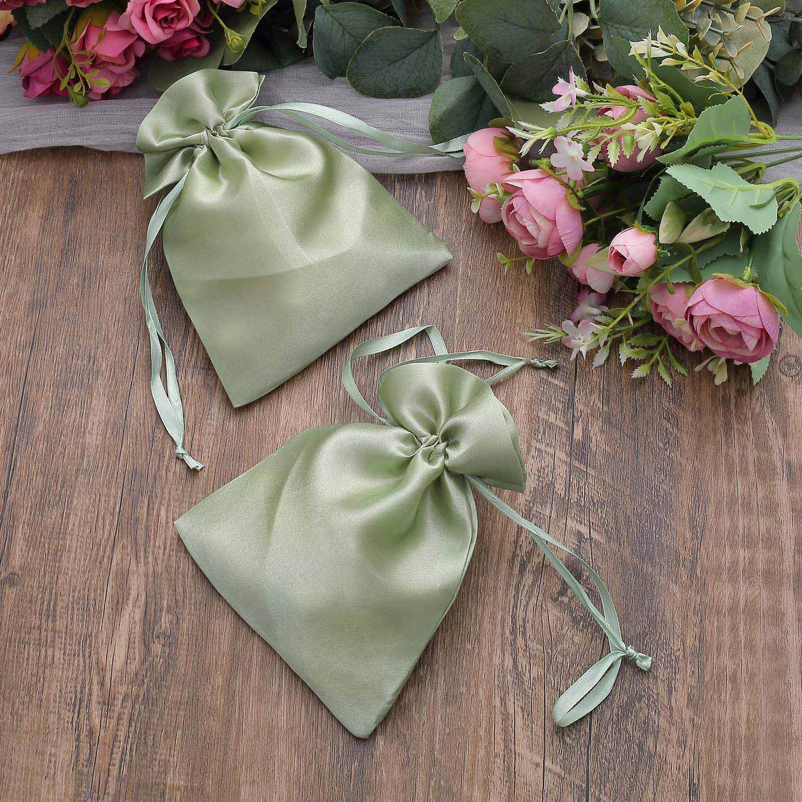 12 Pack 5x7 Sage Green Satin Drawstring Wedding Party Favor Gift Bags, Drawstring Pouch Gift Bags