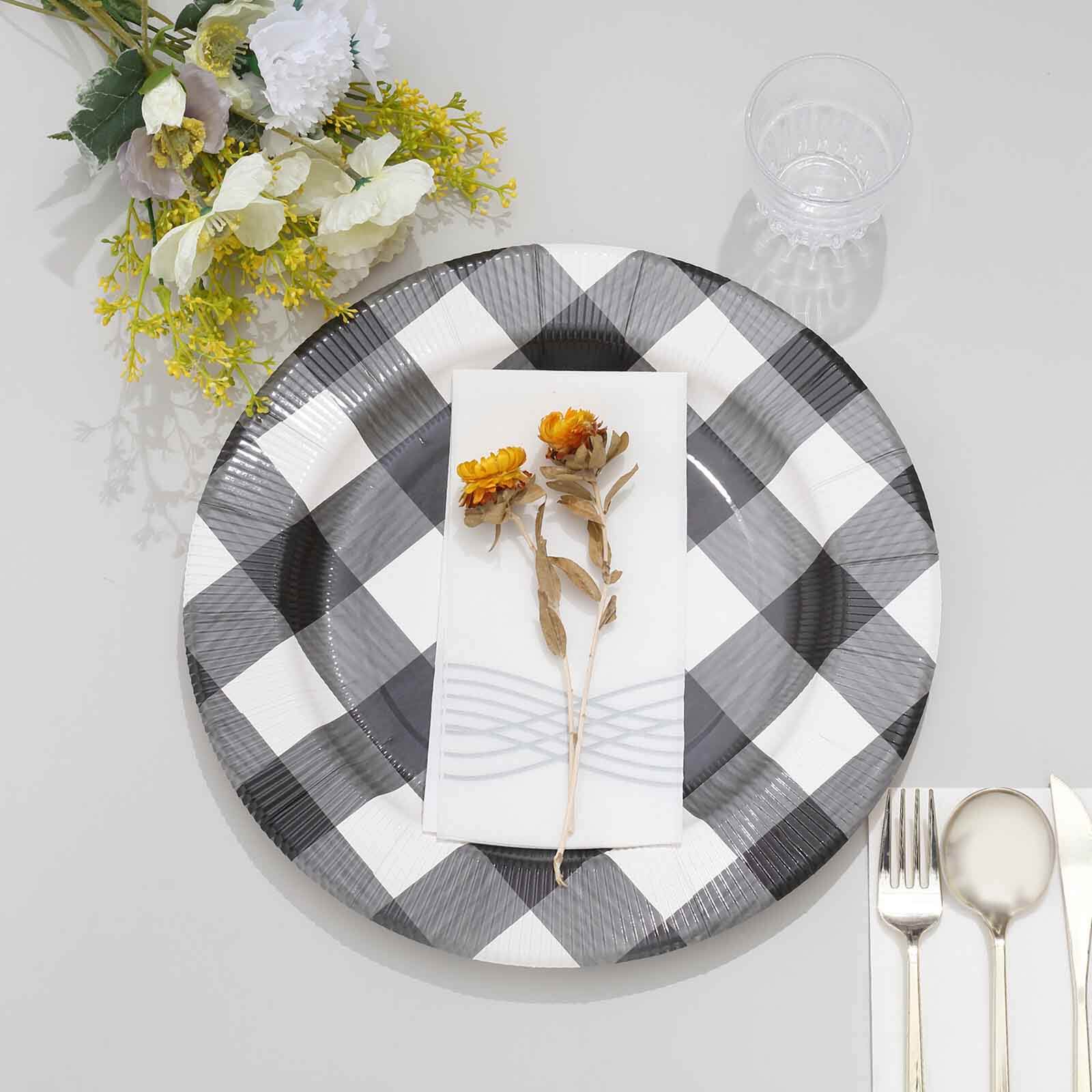 10-Pack Disposable Table Placemats in Black/White with Buffalo Plaid Design - Checkered 50GSM Cardboard Placemats 13