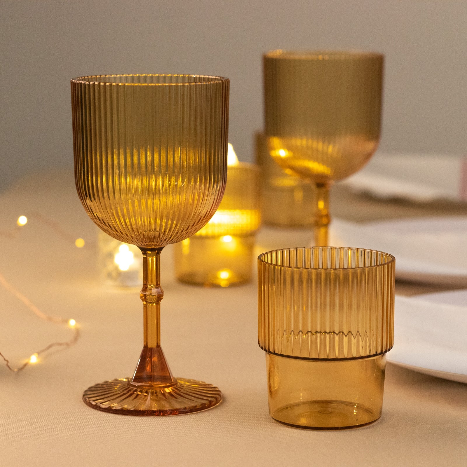 12-Pack Plastic Goblets Amber Gold Vintage Ribbed Pattern - Reusable Shatterproof Glassware 9oz