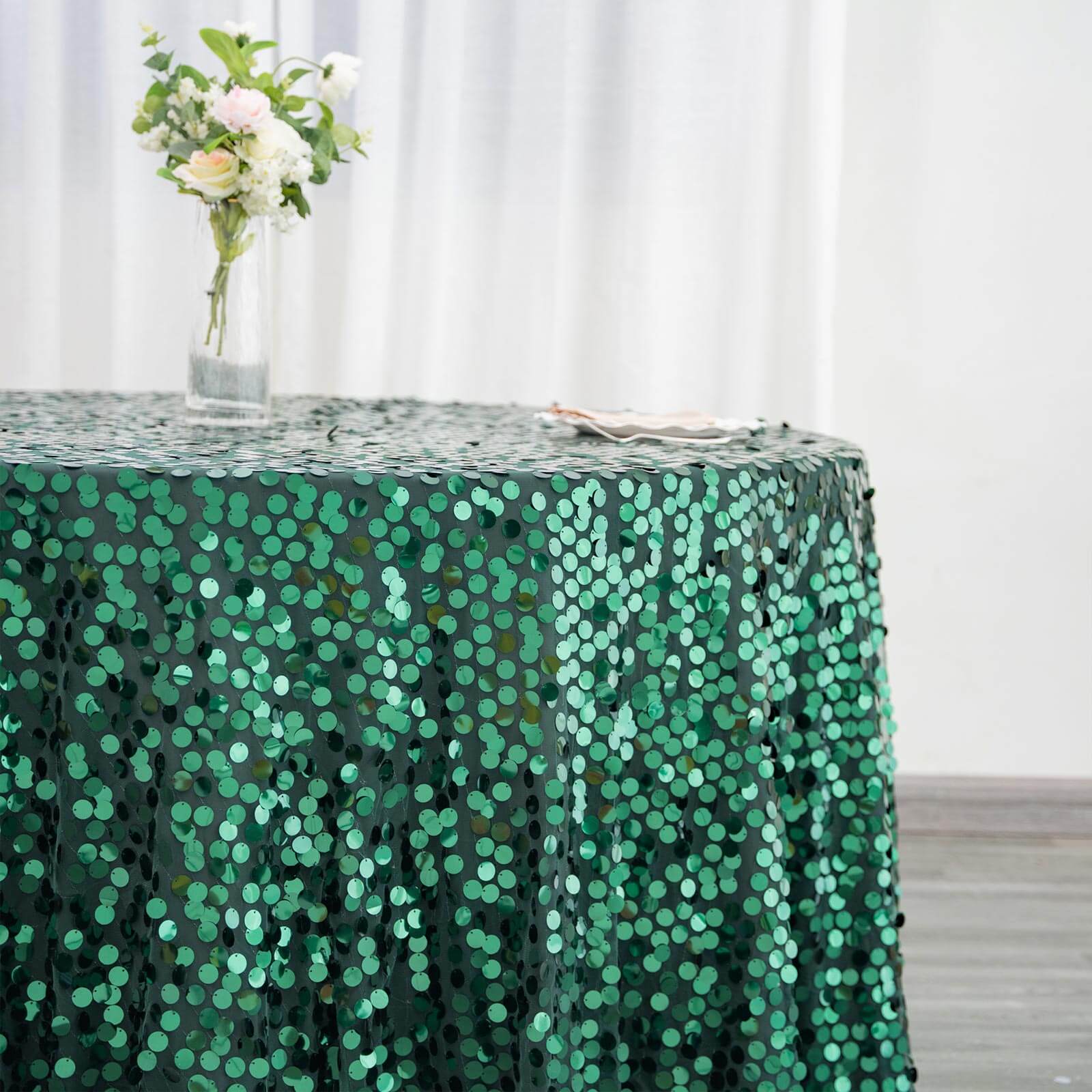 Sequin 120 Round Tablecloth Hunter Emerald Green - Seamless Big Payette Table Cover