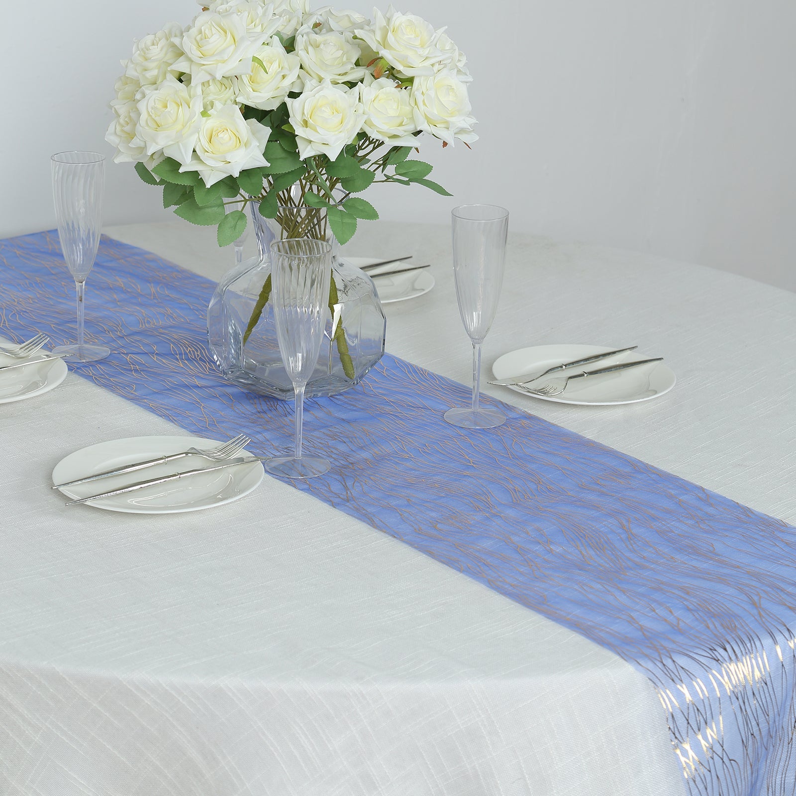 5 Pack Organza 12x108 Table Runners Royal Blue - Gold Wave Design