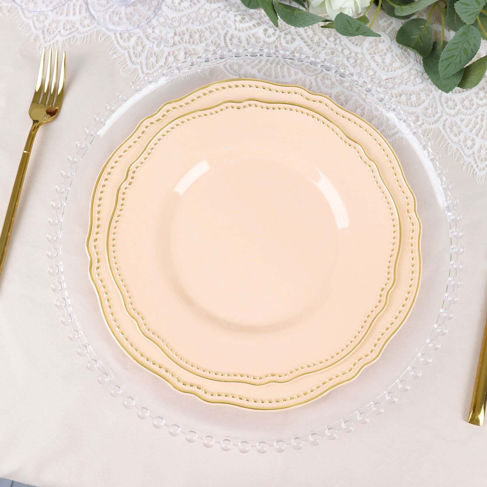 10-Pack Plastic 10 Dinner Plates in Nude with Gold Scalloped Rim - Disposable Large Party Plates