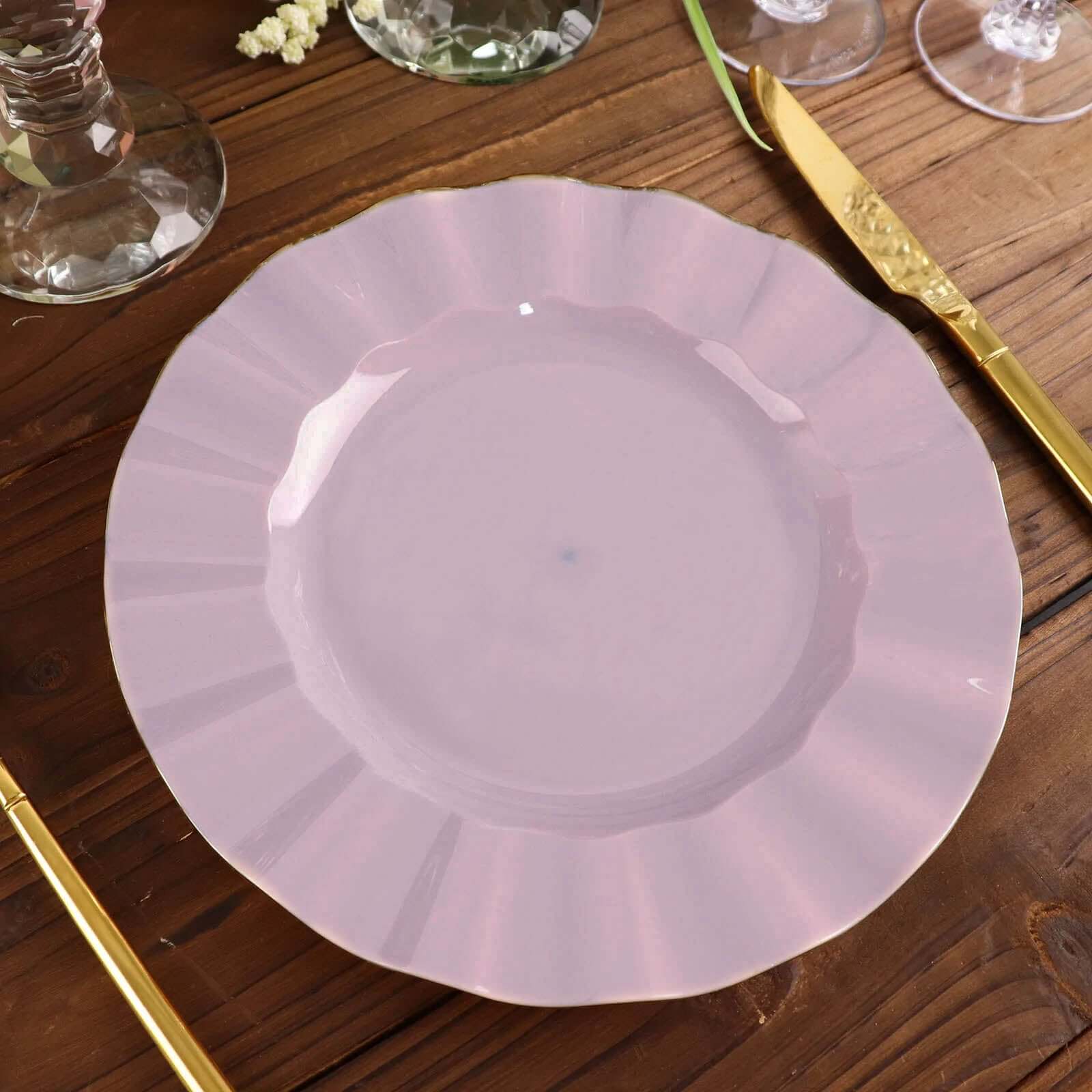 10-Pack Plastic 9 Round Dinner Plates in Lavender Lilac Ruffled Rim with Gold Edging - Sturdy Disposable Dinnerware