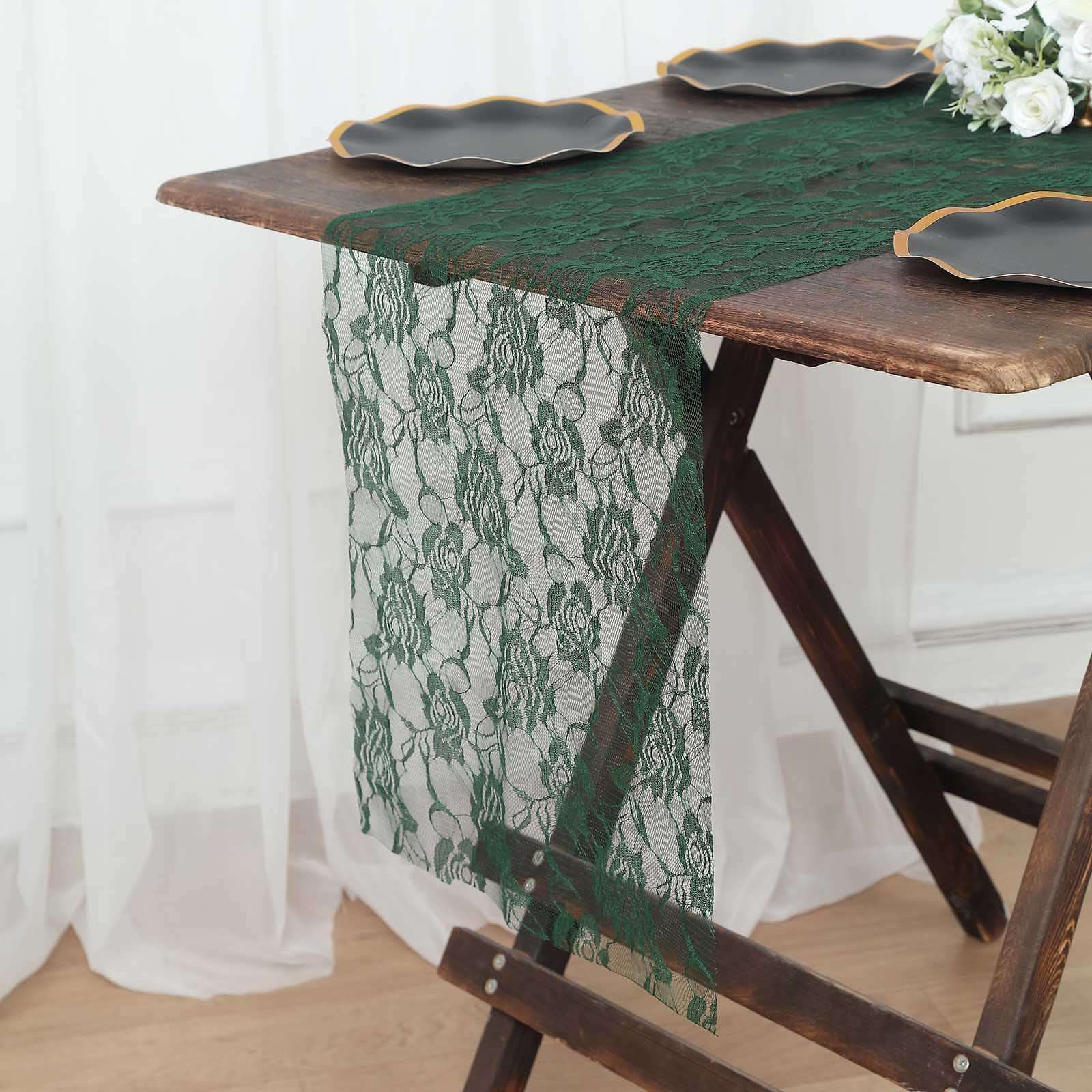 Lace 12x108 Table Runner Hunter Emerald Green - Vintage Rose Pattern Table Decor