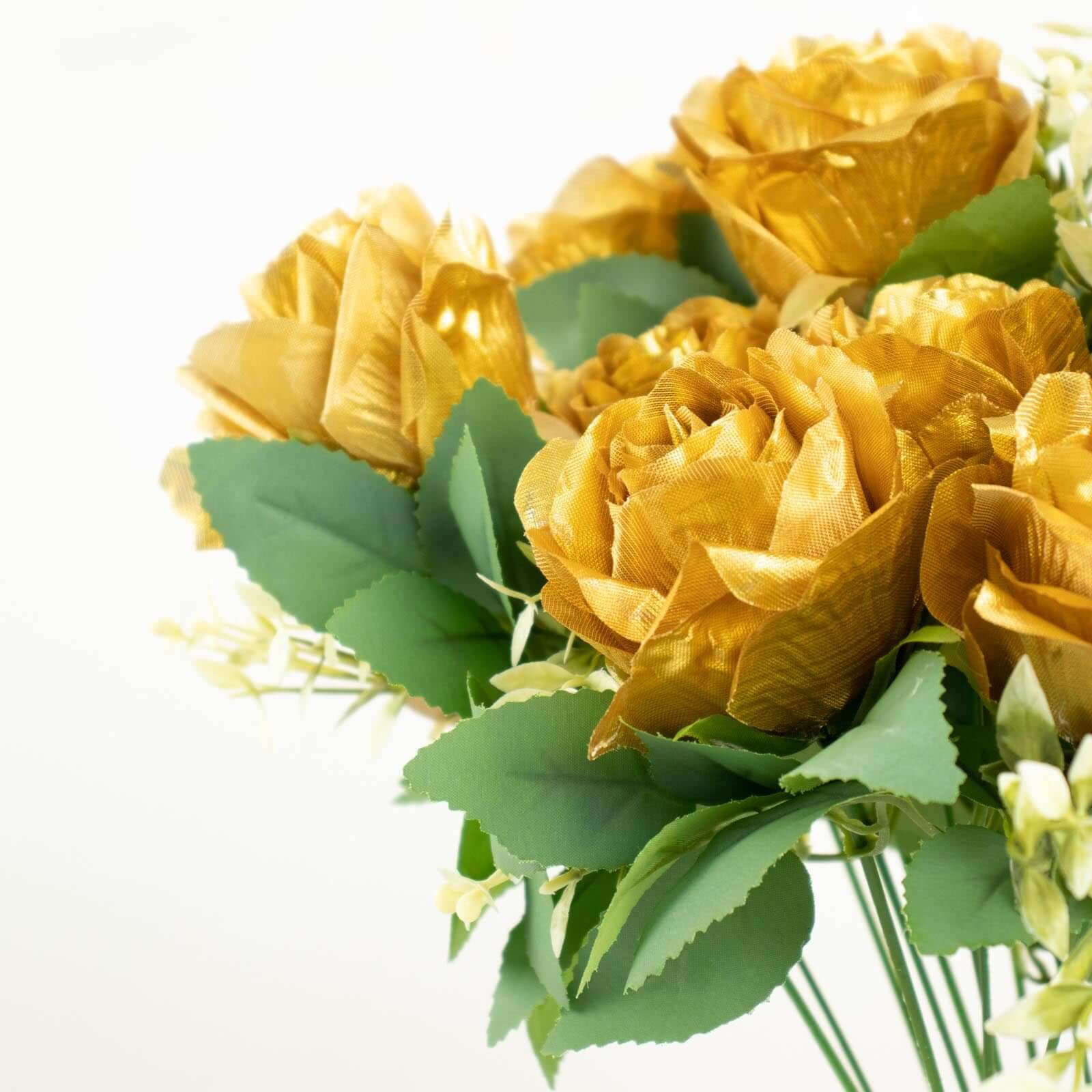 2 Bushes 18 Real Touch Gold Artificial Rose Flower Bouquet, Silk Long Stem Flower Arrangements