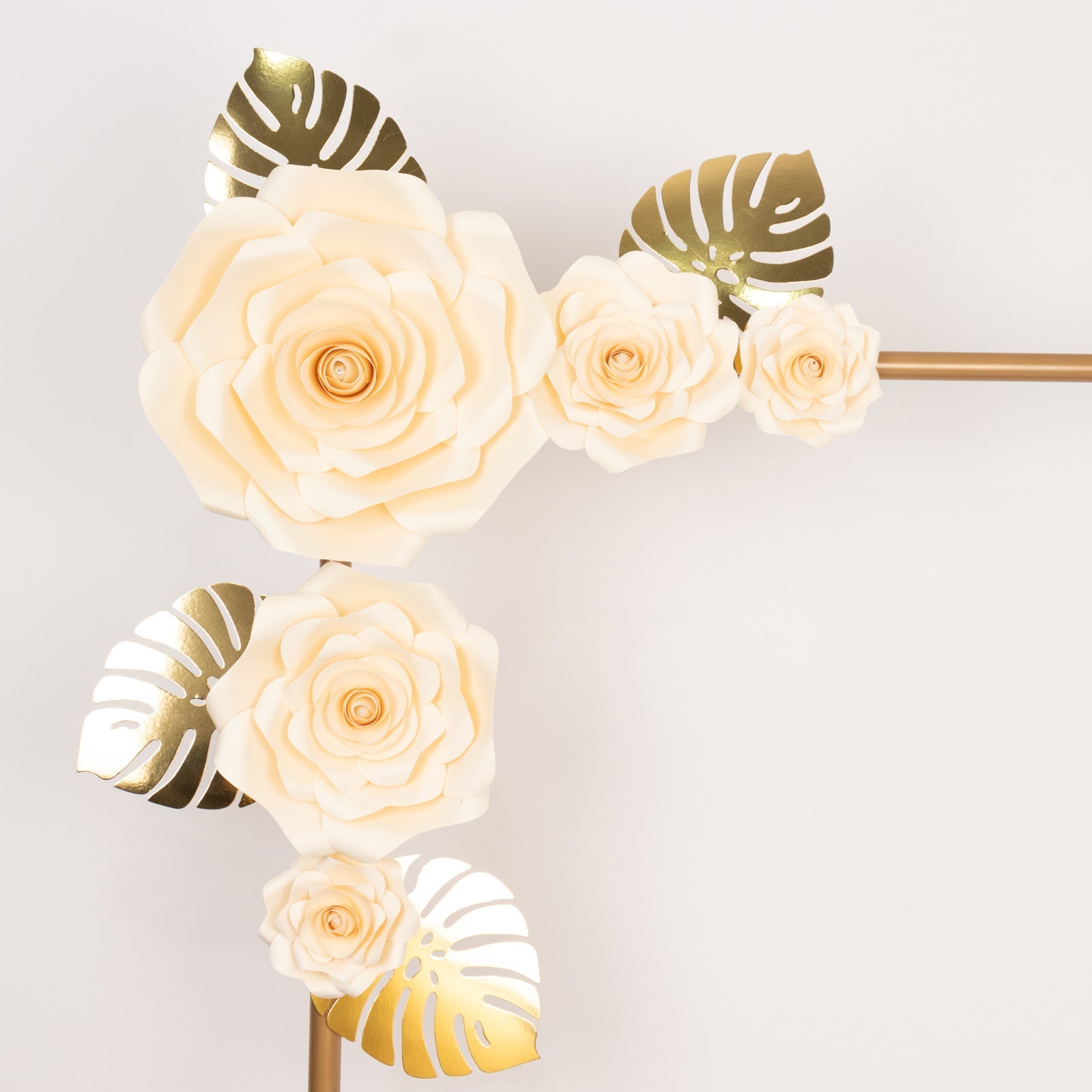 Set of 9 Ivory 3D Rose Paper Flowers with Gold Tropical Palm Leaves, Party Flower Backdrop Hanging Wall Decor