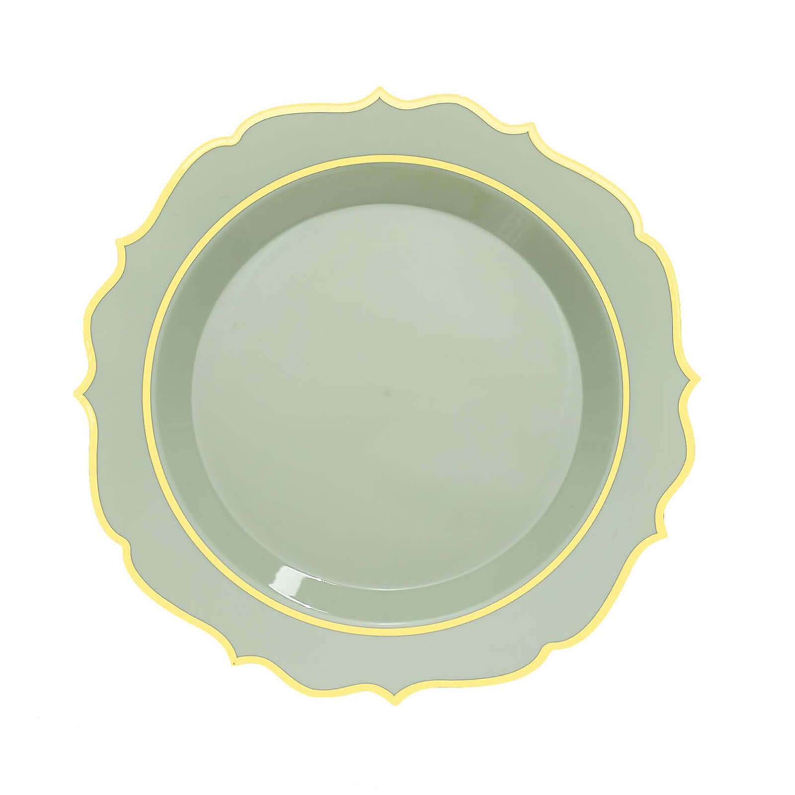 10-Pack Plastic 8 Round Desert Plates in Sage Green with Gold Scalloped Rim - Disposable Appetizer/Salad Plates