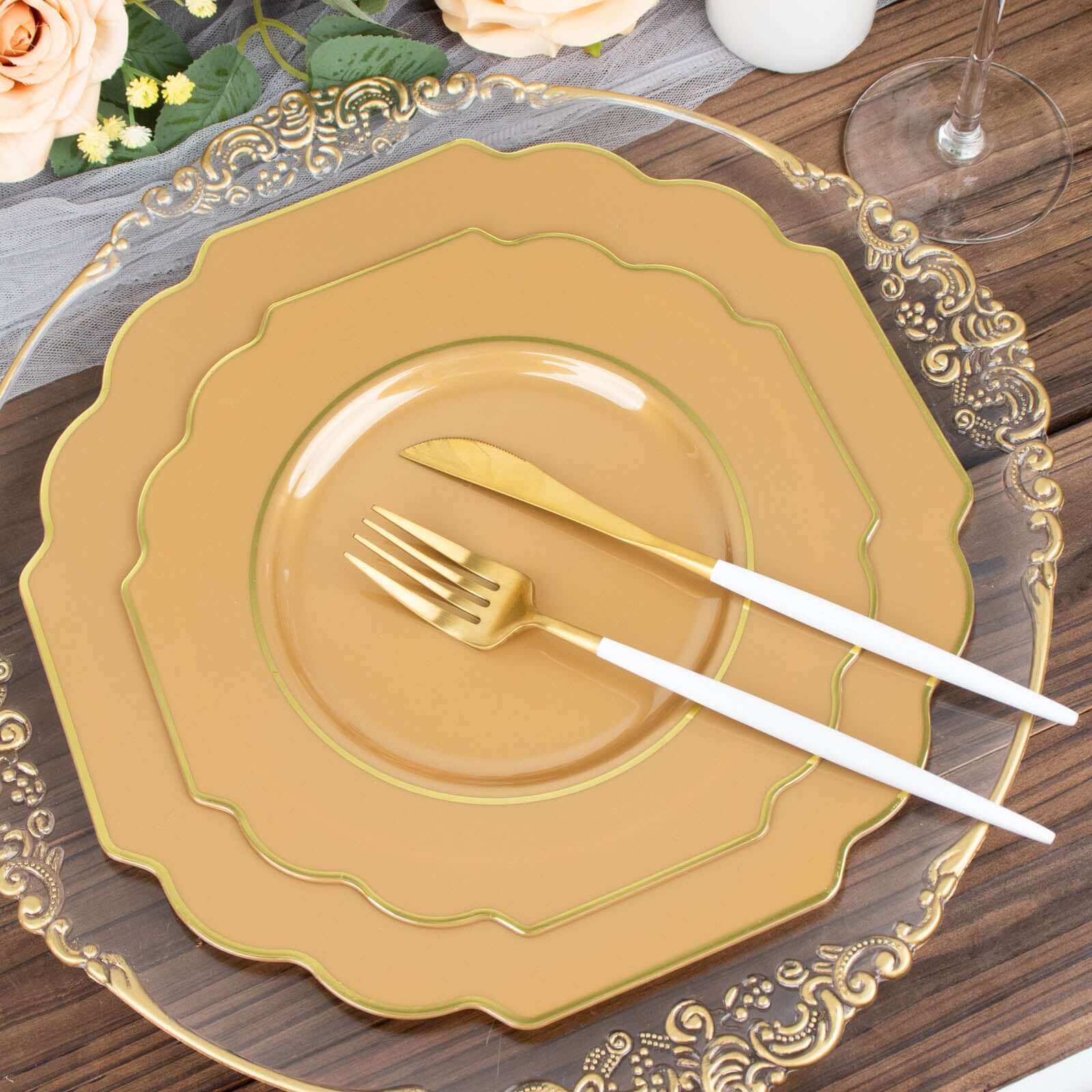 10-Pack Plastic Dinner Plates in Gold Baroque Design with Scalloped Gold Rim - Heavy Duty Disposable Party Plates for Events & Banquets 11