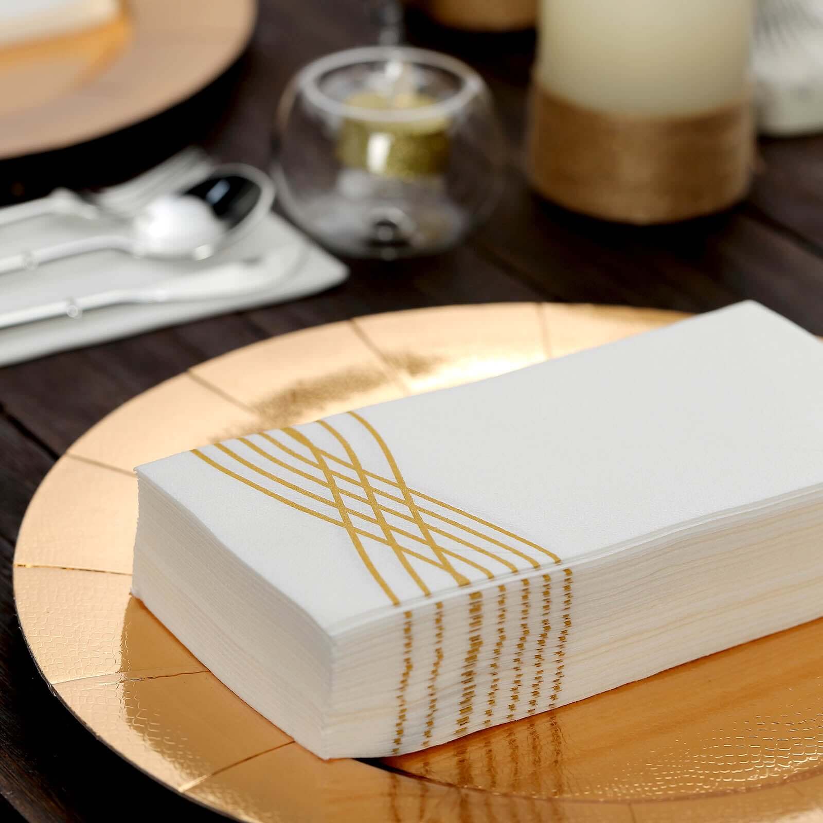 25 Pack Linen-Like Paper 8x4 Napkins White with Metallic Gold Foil Wave Design - Soft & Absotbent Airlaid Hand Towels for Exquisite Weddings & Events