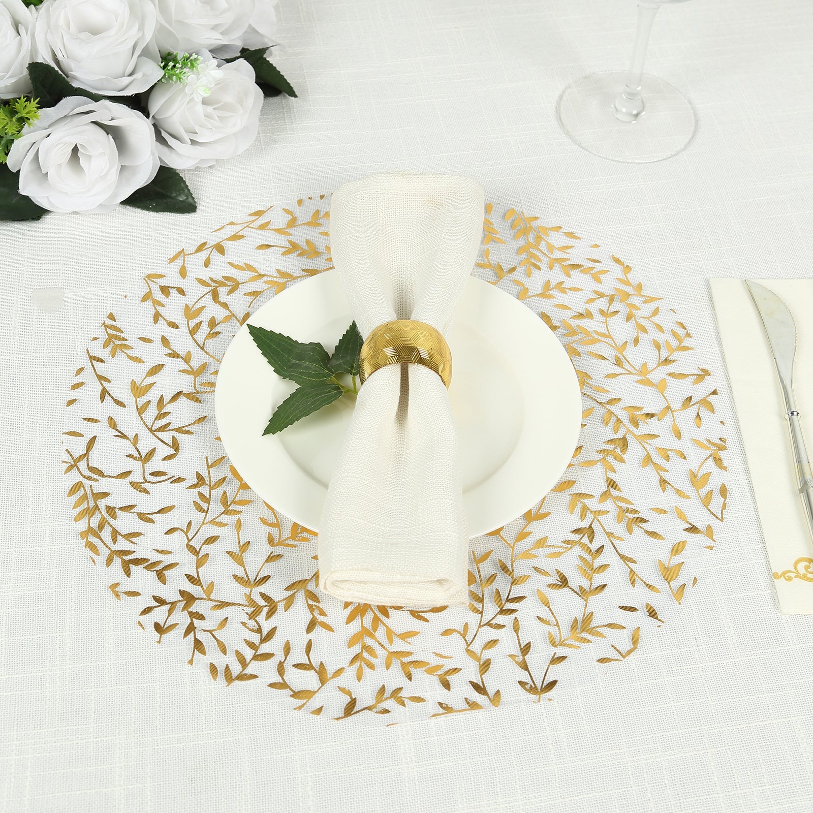 10-Pack Table Placemats Gold Foil Leaf Vine Design White Round - Organza Disposable Floral Mats 13