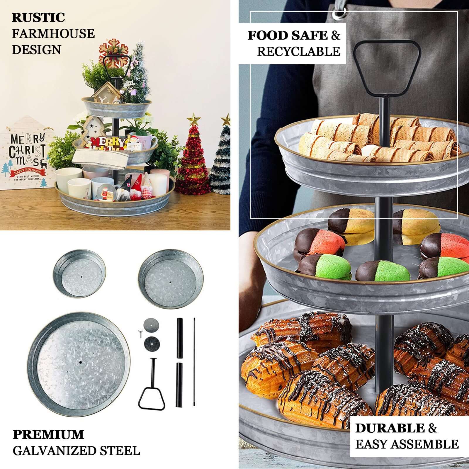 3-Tier Galvanized Metal Cupcake Stand 20 Silver - Sturdy Dessert Serving Tray Platter for Rustic Themed Weddings Backyard Parties & Holiday Spreads