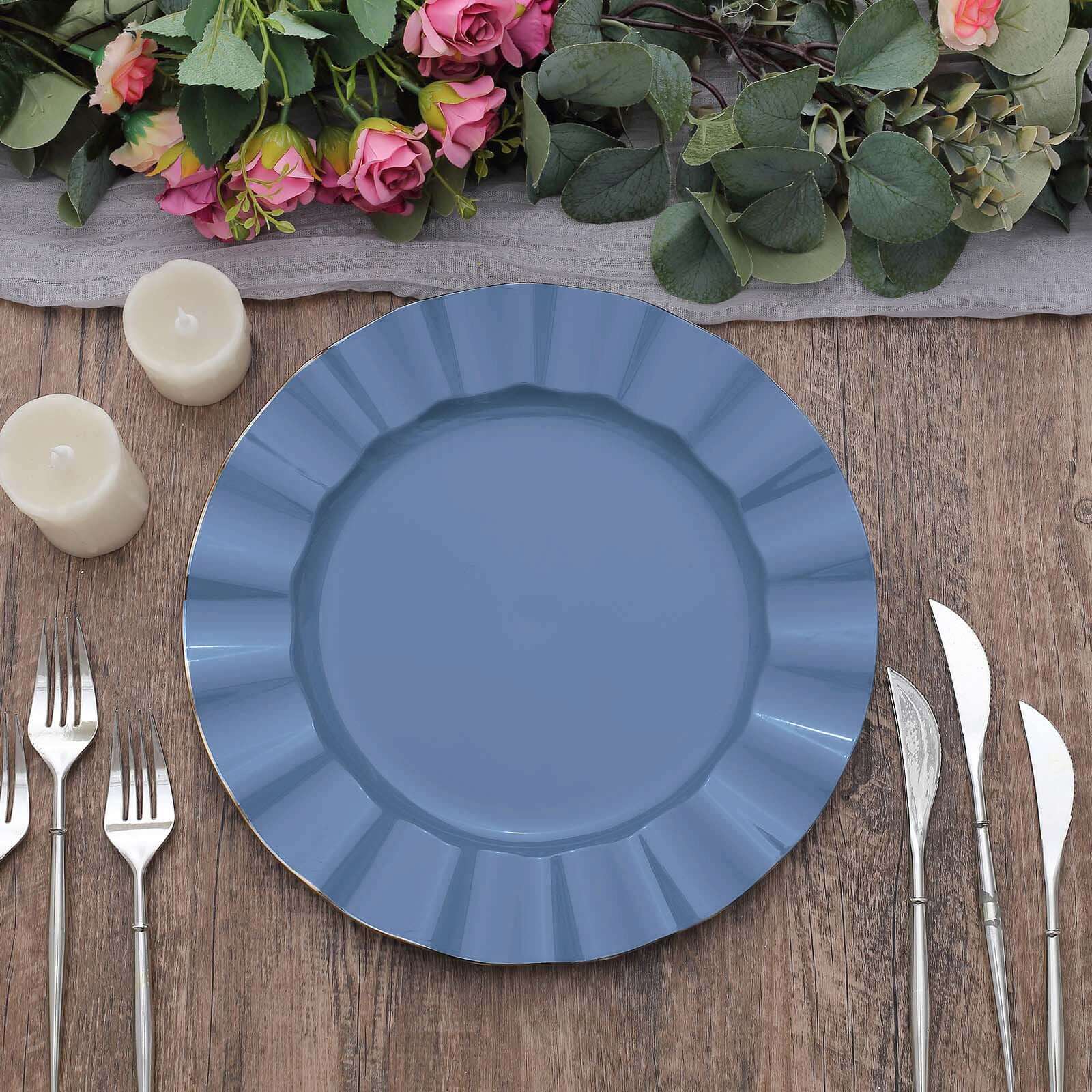 10-Pack Plastic 11 Round Dinner Plates in Ocean Blue Ruffled Rim with Gold Edging - Sturdy Disposable Dinnerware