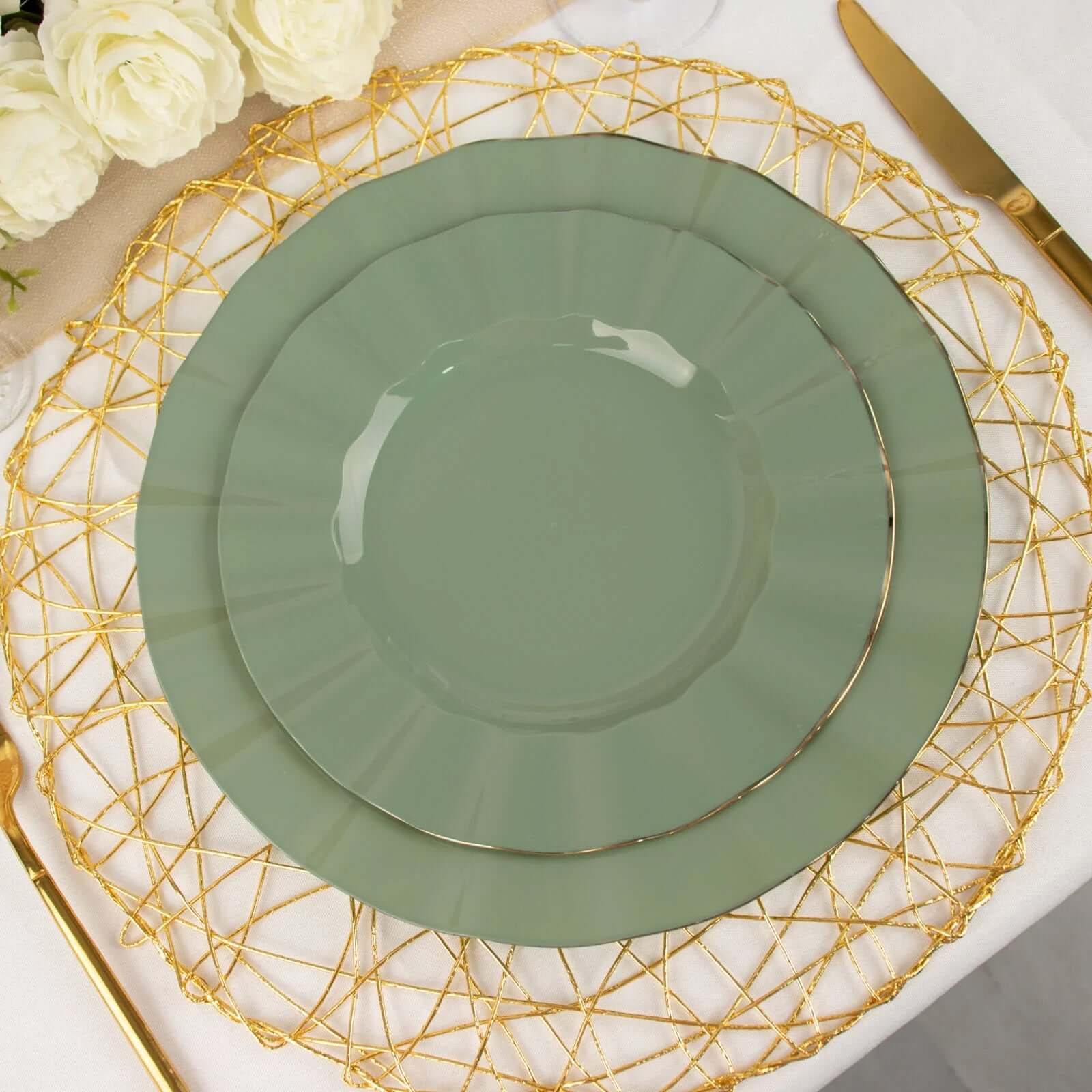 10-Pack Plastic 9 Round Dinner Plates in Dusty Sage Green Ruffled Rim with Gold Edging - Sturdy Disposable Dinnerware