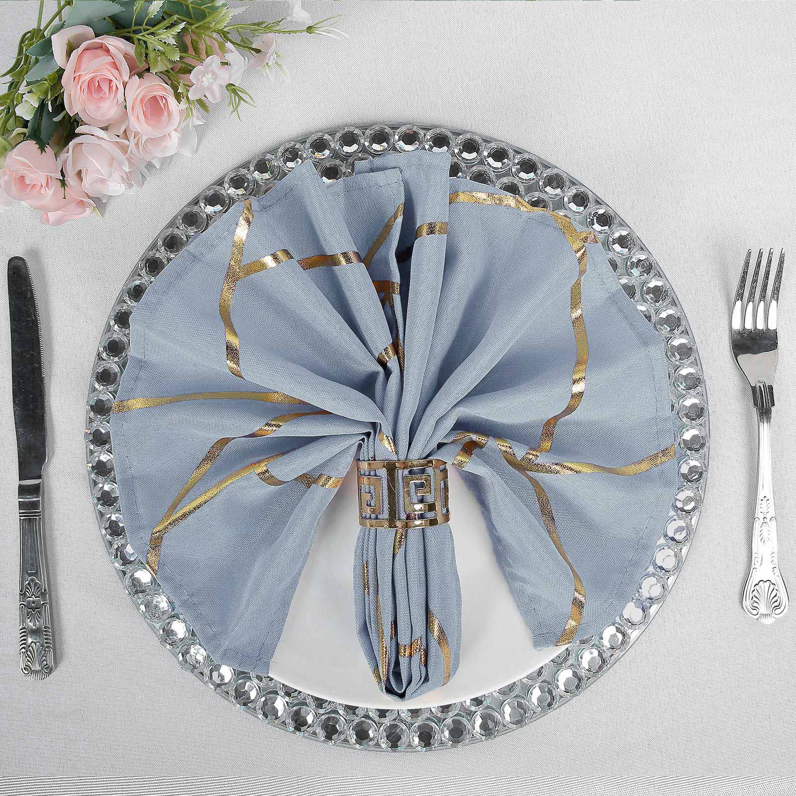 5 Pack Polyester 20x20 Napkins Dusty Blue with Gold Geometric Foil Pattern - Modern Reusable Dinner Napkins