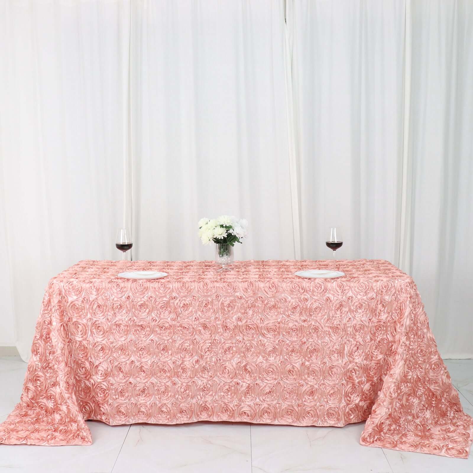 Satin 90x132 Rectangle Tablecloth Dusty Rose - Grandiose 3D Rosette Seamless Table Cover