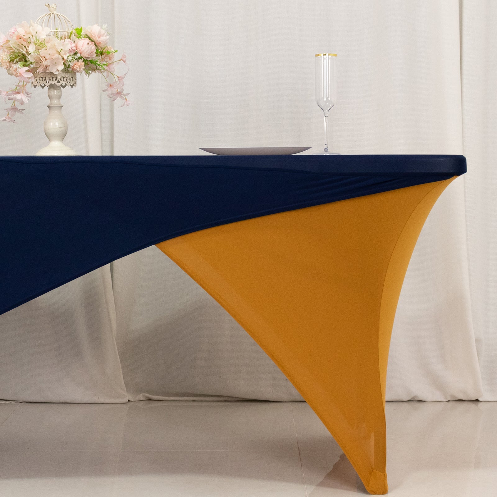 Stretch Spandex 72x30 Rectangle Table Cover Navy Blue/Gold Cross Over Design - Two-Piece Fitted Tablecloth with Elastic Foot Pockets