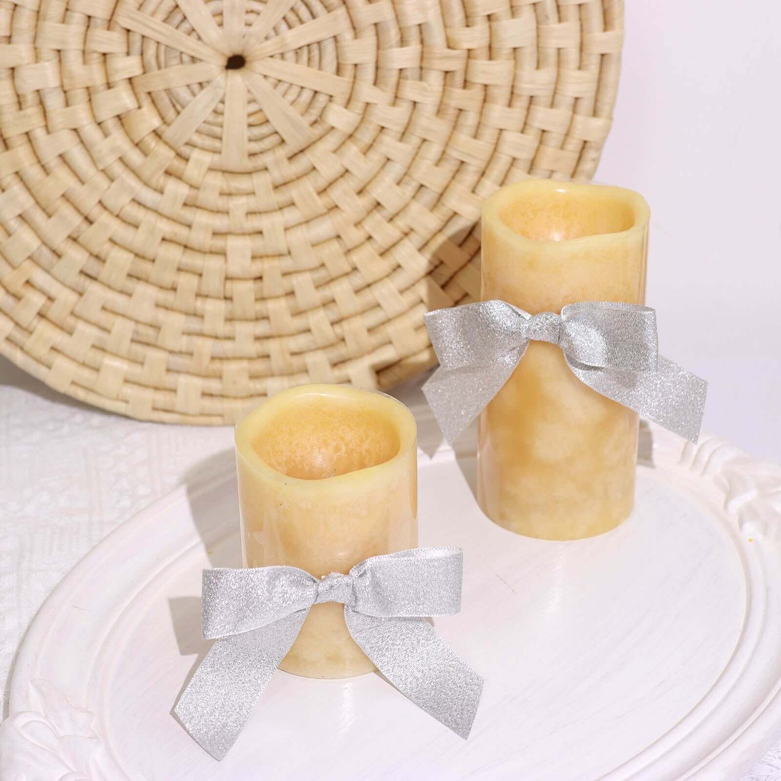 50 Pcs 4 Nylon Ribbon Bows With Twist Ties, Gift Basket Party Favor Bags Decor - Silver Glitter Design