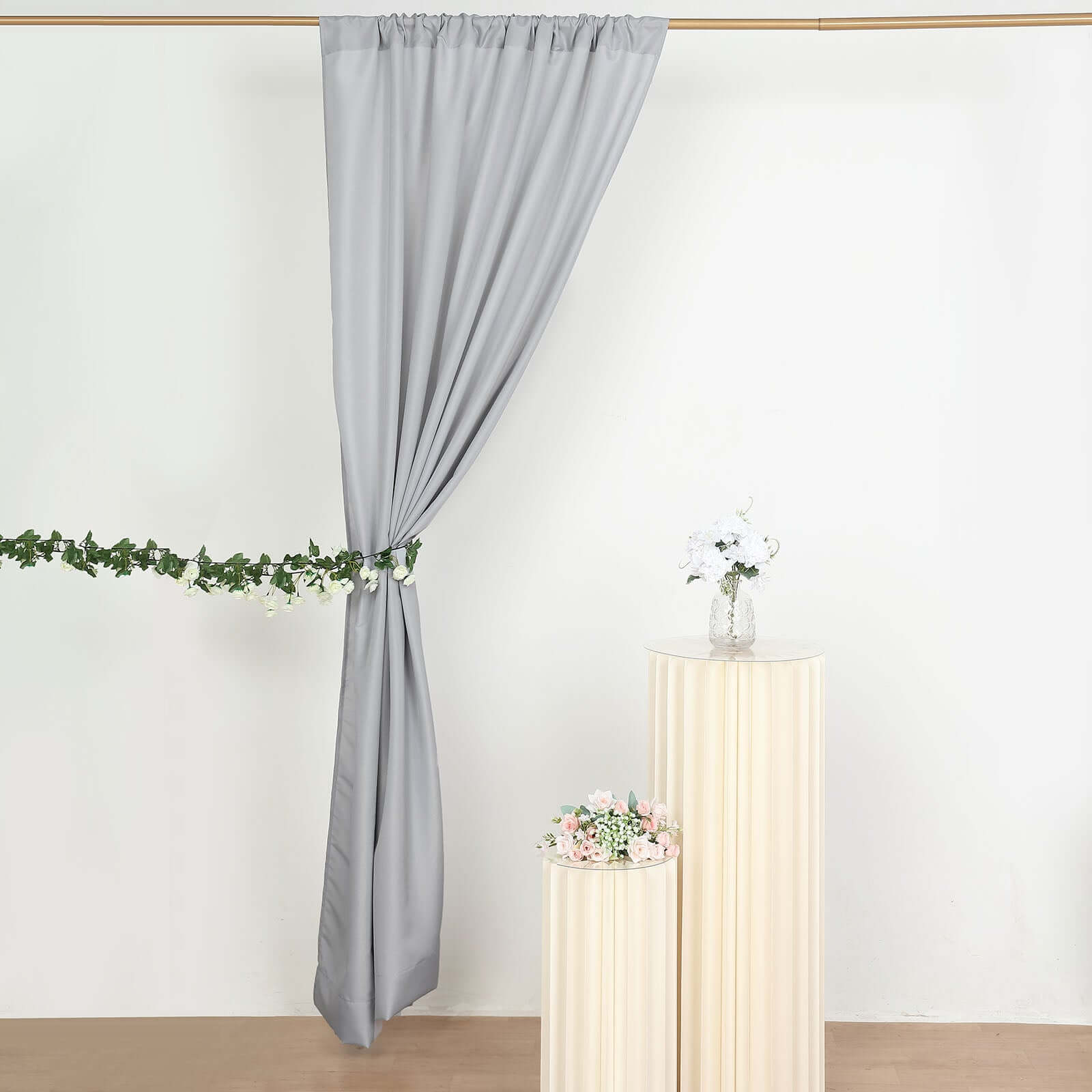 2 Pack Silver Polyester Event Curtain Drapes, 10ftx8ft Backdrop Event Panels With Rod Pockets 130 GSM