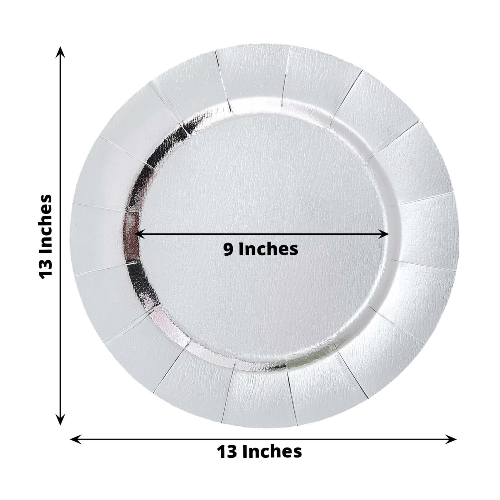 10-Pack Disposable Round Charger Plates in Silver with Leathery Texture - Durable 1100GSM Cardboard Placemats 13